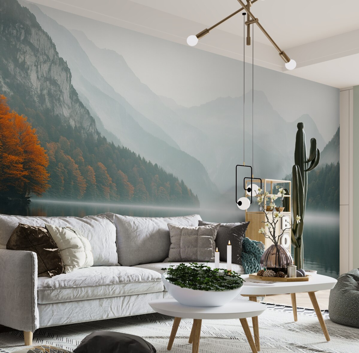 Fototapeta Drewniana łódź unosi się po jeziorze, otoczona gęstą mgłą i wzgórzami w tle.