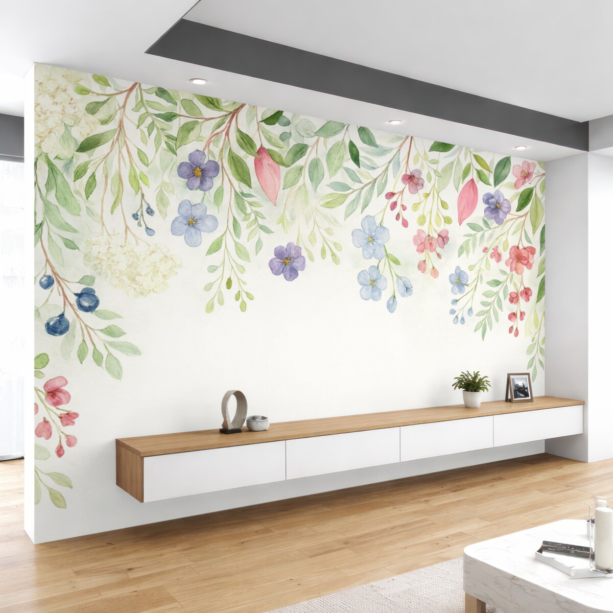 Fototapeta liście oraz łąkowe kwiaty na szczycie