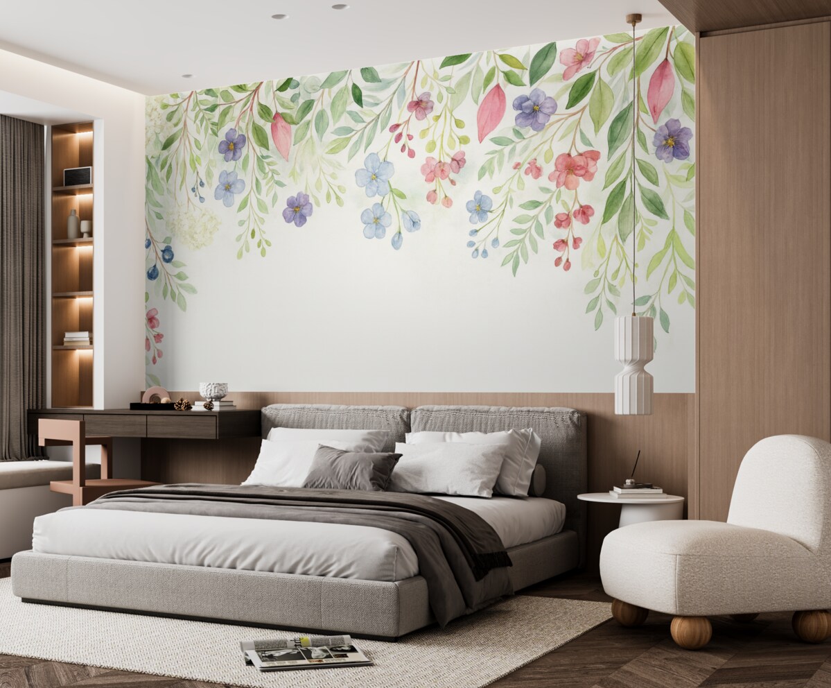 Fototapeta liście oraz łąkowe kwiaty na szczycie