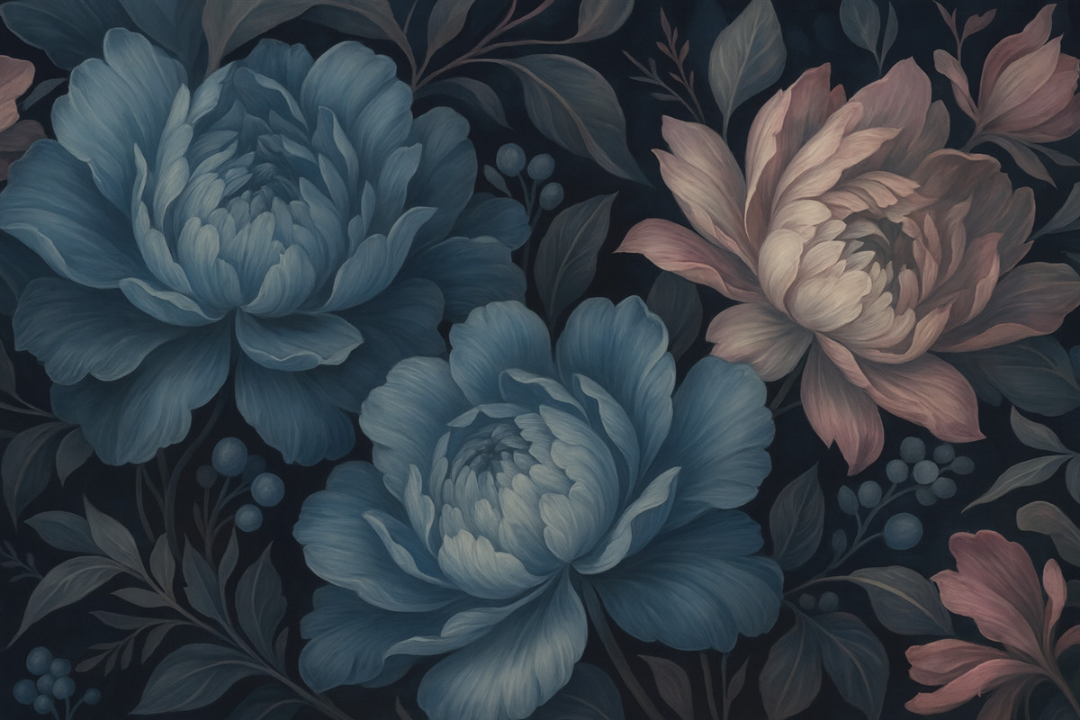 Fototapeta Ciemnoniebieska powierzchnia z dużymi piwoniami.