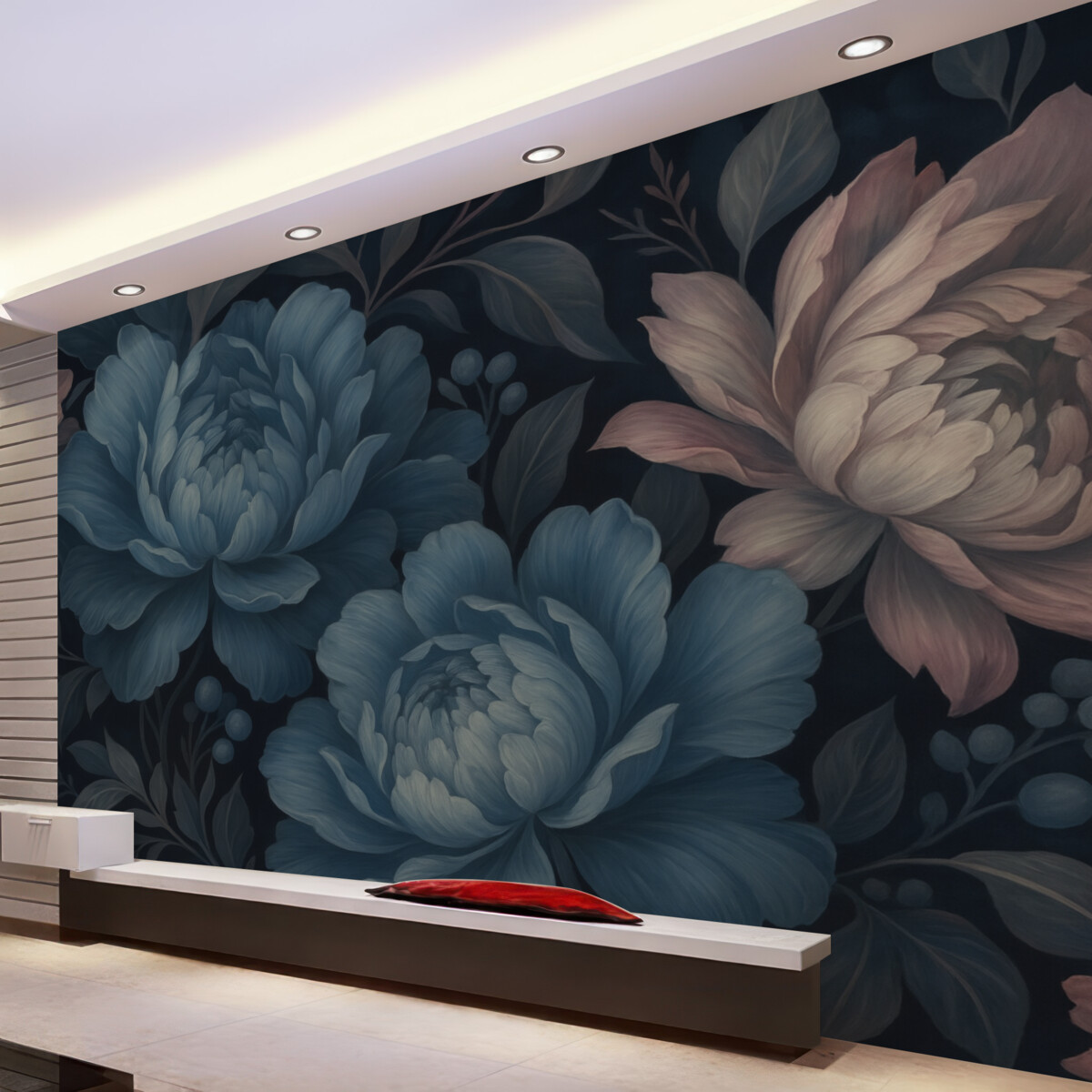 Fototapeta Ciemnoniebieska powierzchnia z dużymi piwoniami.