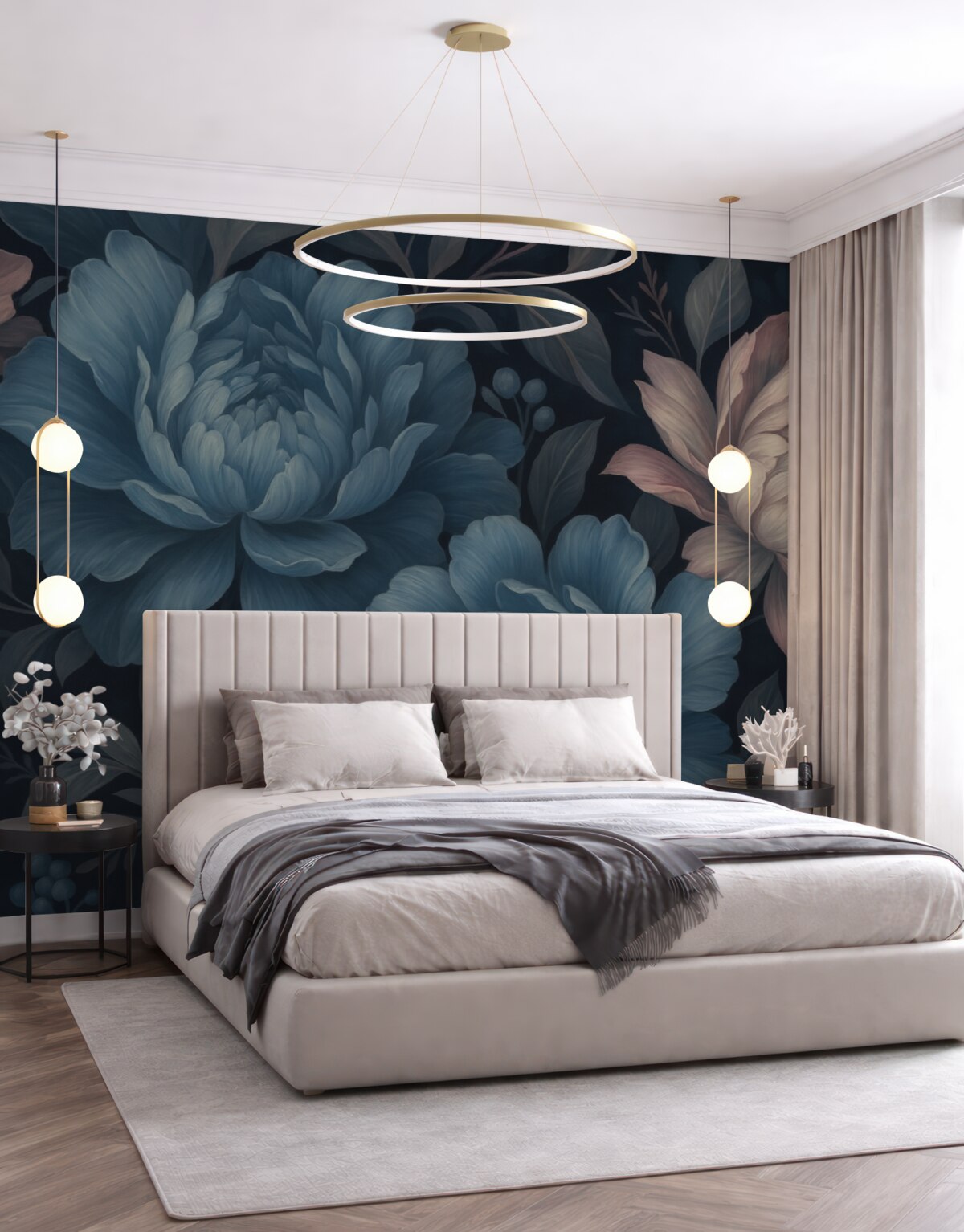 Fototapeta Ciemnoniebieska powierzchnia z dużymi piwoniami.