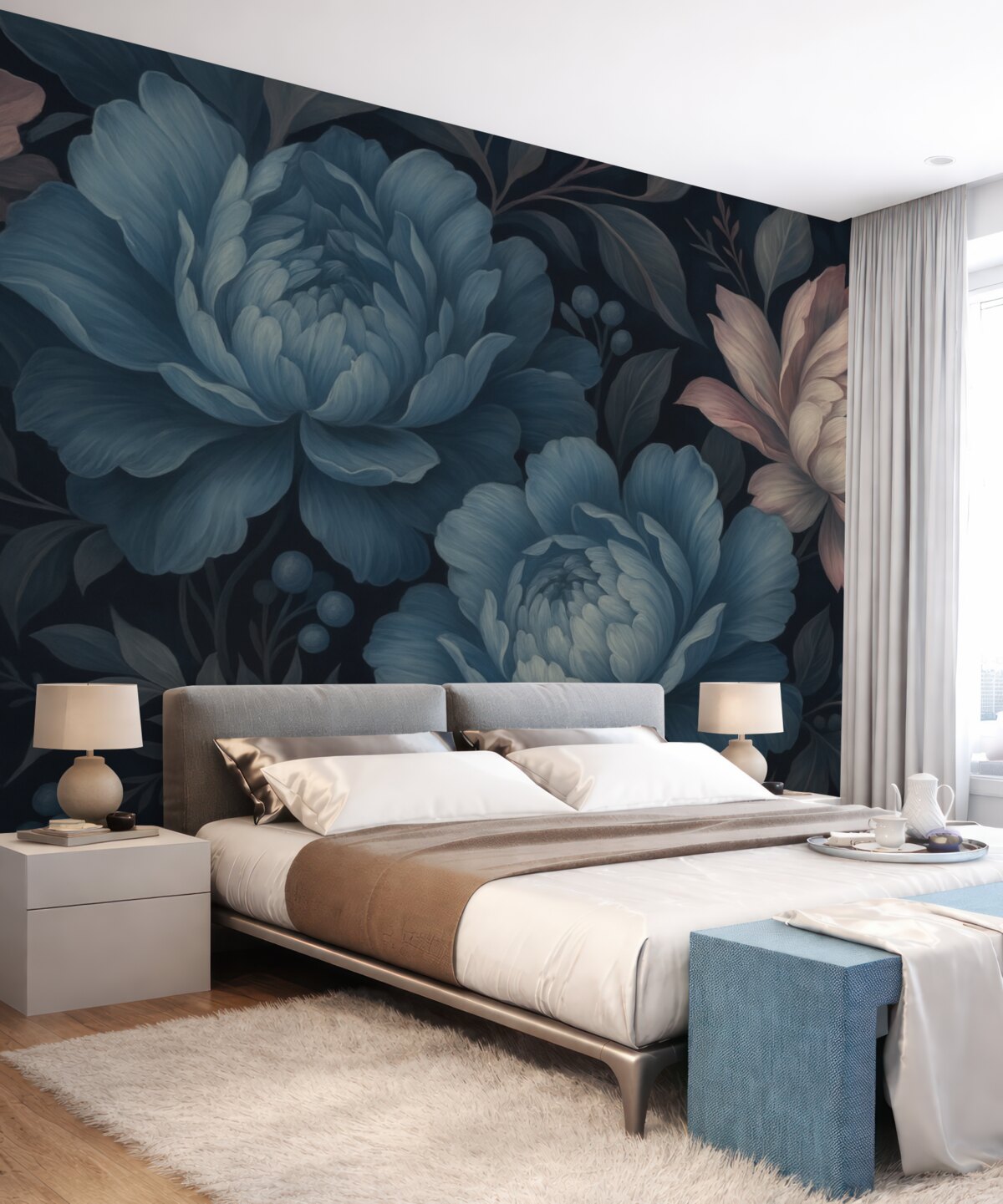 Fototapeta Ciemnoniebieska powierzchnia z dużymi piwoniami.