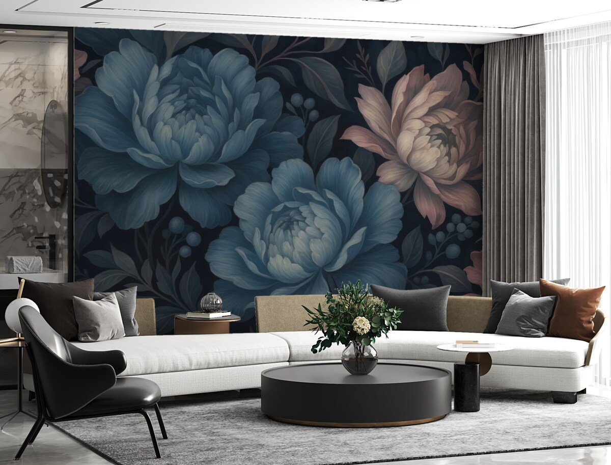 Fototapeta Ciemnoniebieska powierzchnia z dużymi piwoniami.