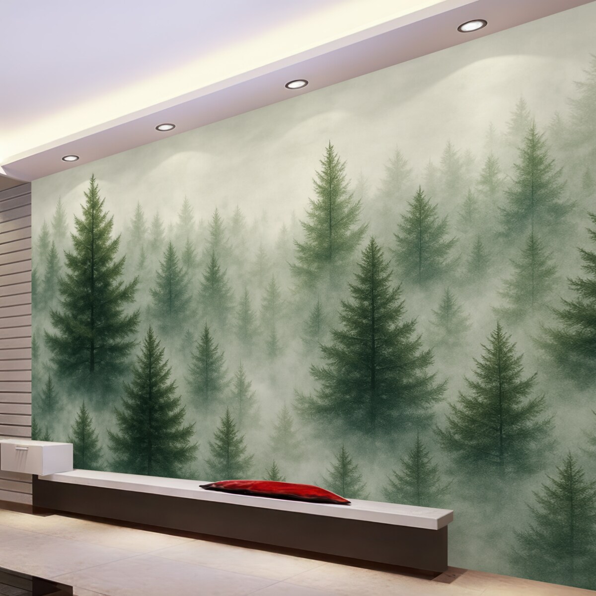 Fototapeta Urokliwy las z sosnami, mglisty, pejzaże przyrody, zielone odcienie.