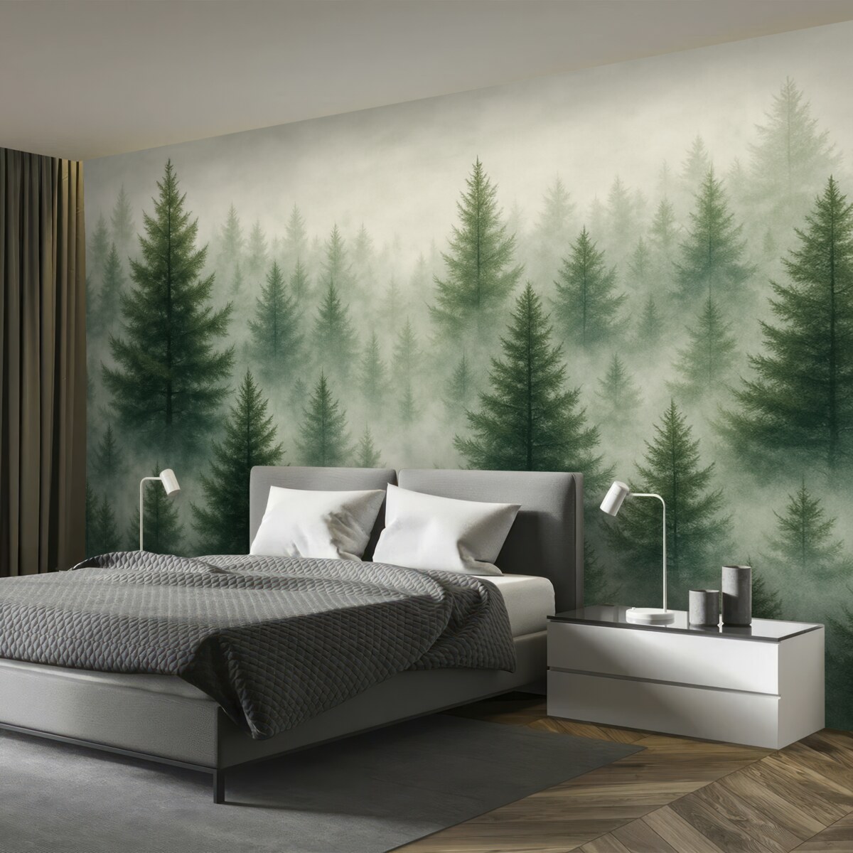 Fototapeta Urokliwy las z sosnami, mglisty, pejzaże przyrody, zielone odcienie.