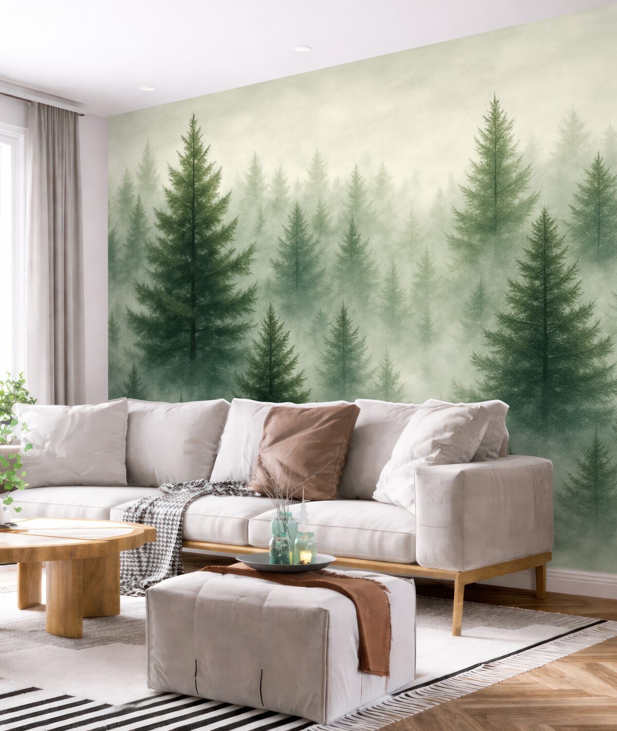 Fototapeta Urokliwy las z sosnami, mglisty, pejzaże przyrody, zielone odcienie.