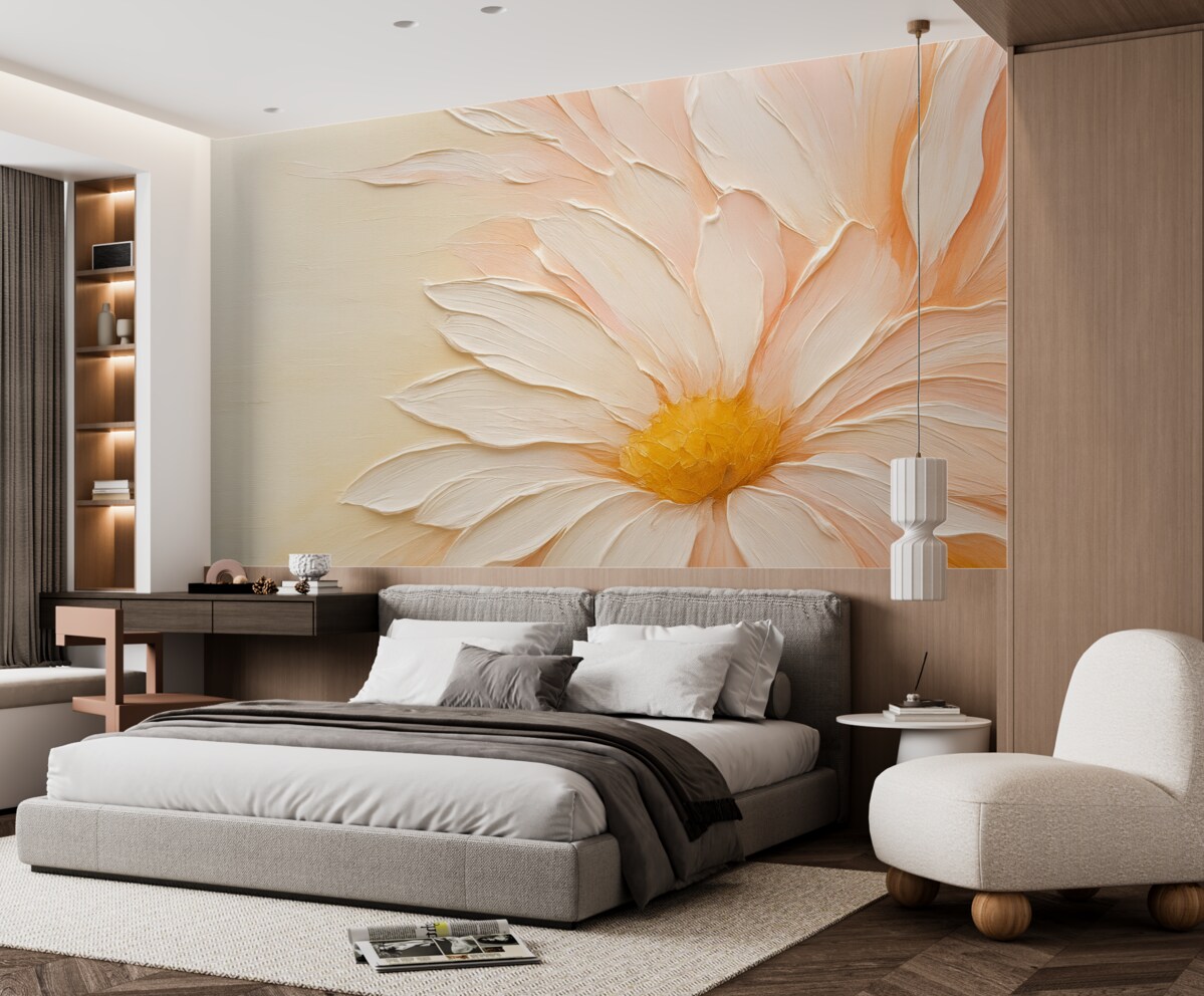 Fototapeta Biały, różowy, duży kwiat z imitacją malarskich pociągnięć, tło o zróżnicowanej fakturze.