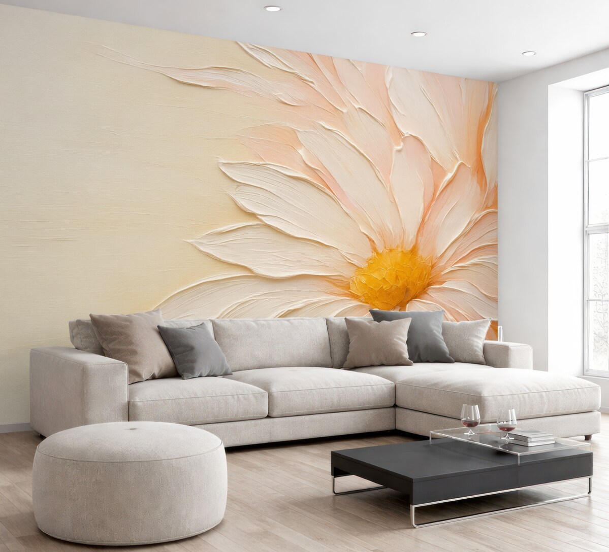 Fototapeta Biały, różowy, duży kwiat z imitacją malarskich pociągnięć, tło o zróżnicowanej fakturze.