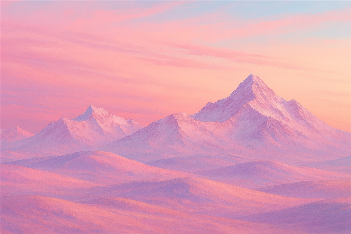 Fototapeta Subtelny różowy zachód słońca w otoczeniu gór i firmamentu.