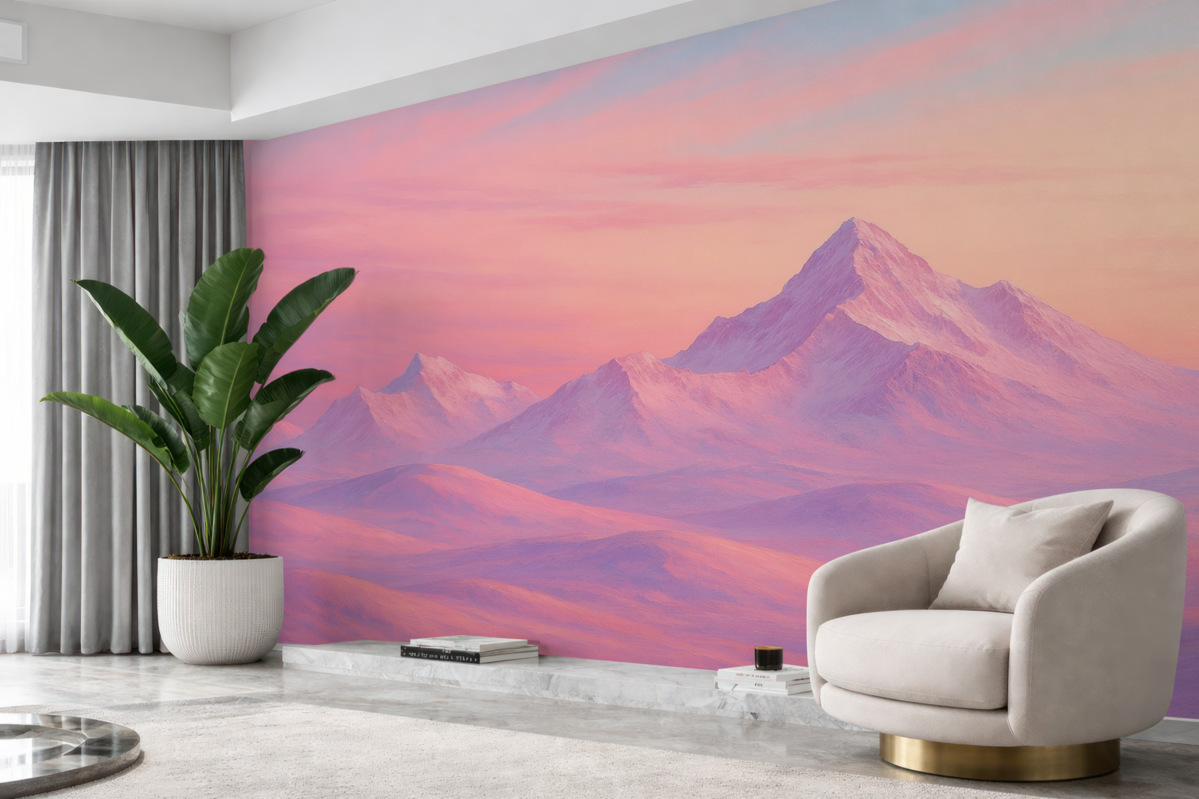 Fototapeta Subtelny różowy zachód słońca w otoczeniu gór i firmamentu.