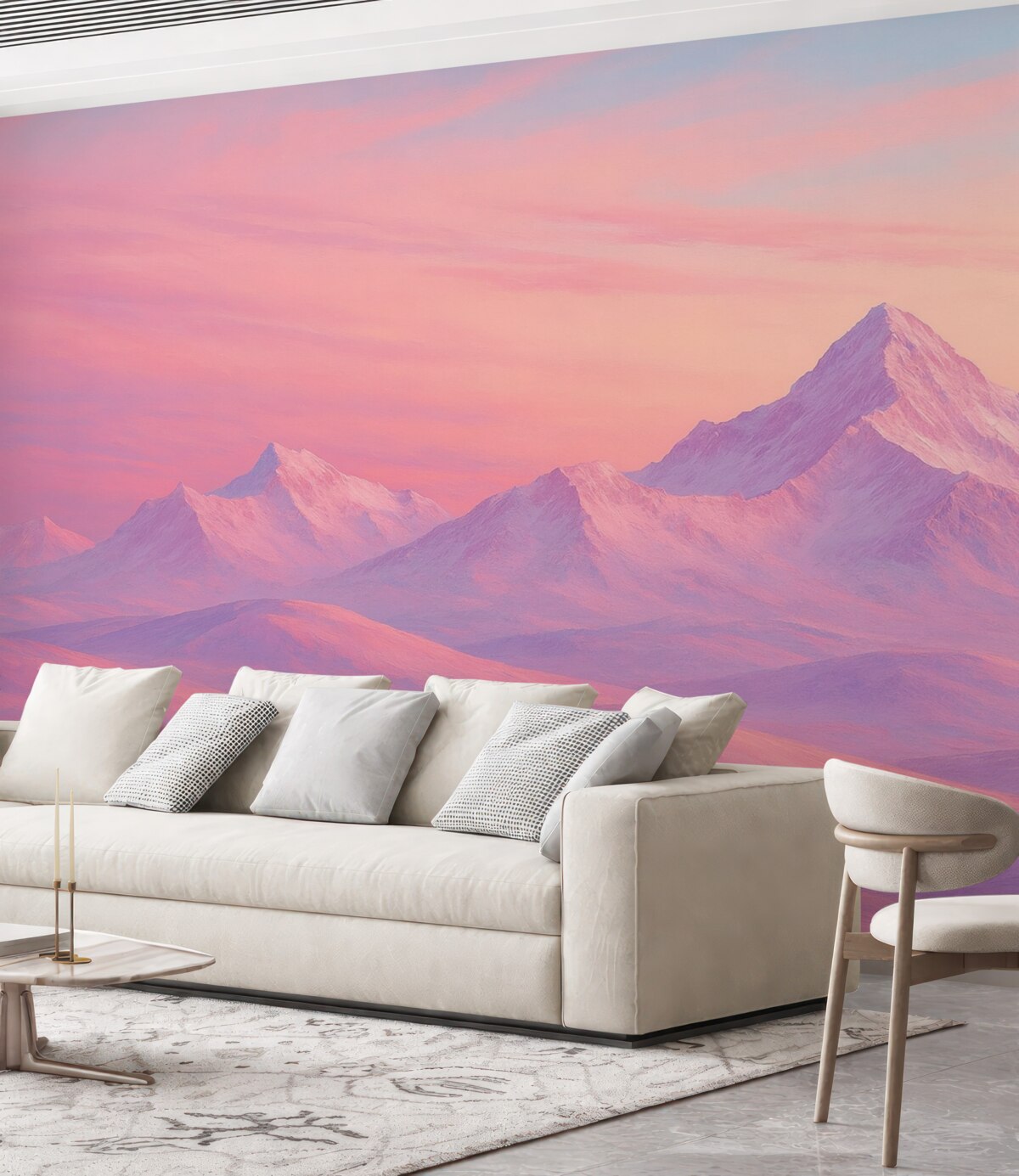 Fototapeta Subtelny różowy zachód słońca w otoczeniu gór i firmamentu.