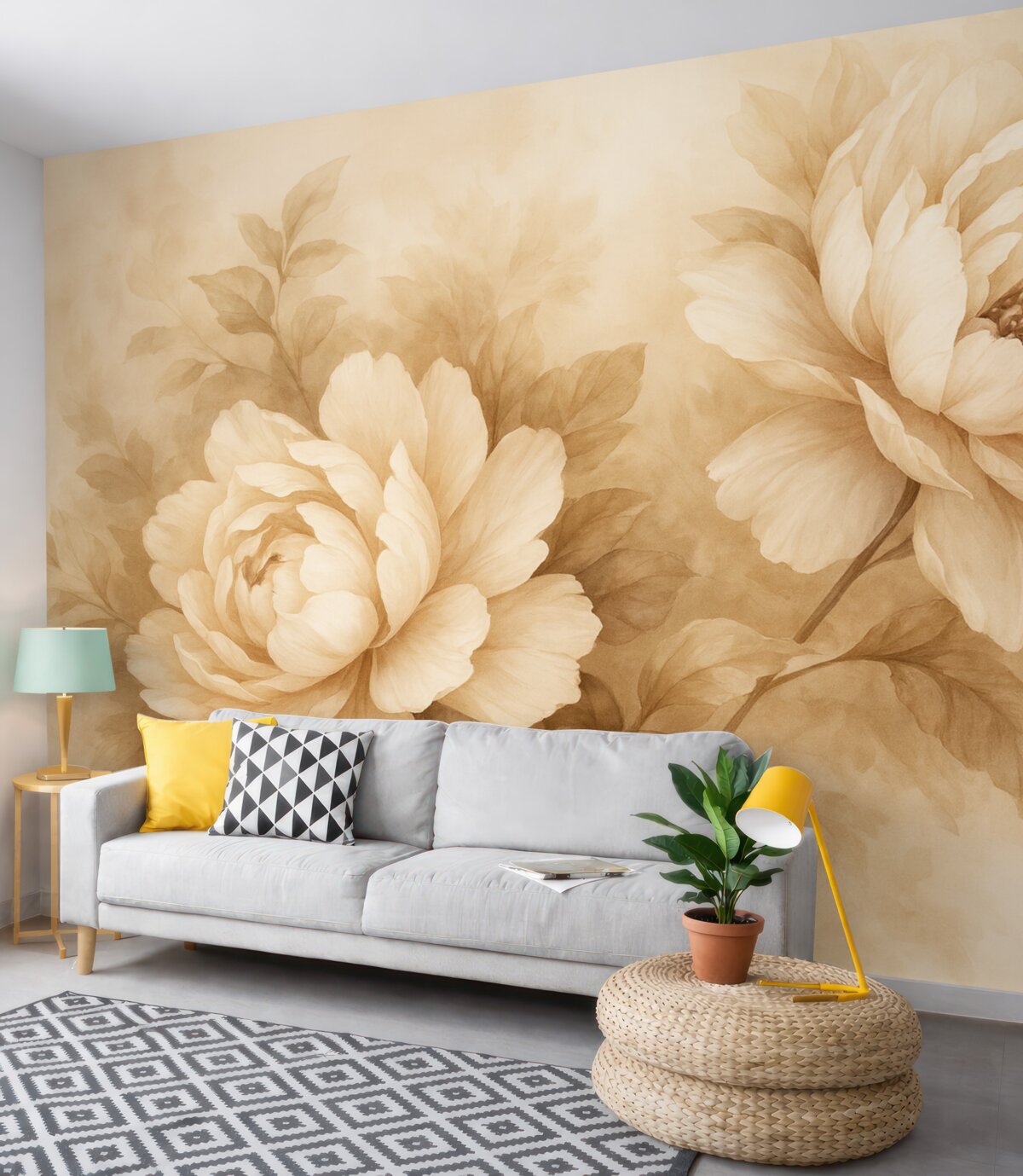 Fototapeta Obraz z dużymi piwoniami w ciepłych stonowanych barwach.