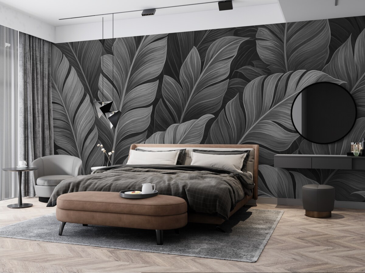 Fototapeta Jednokolorowe czarno-białe tropikalne liście.