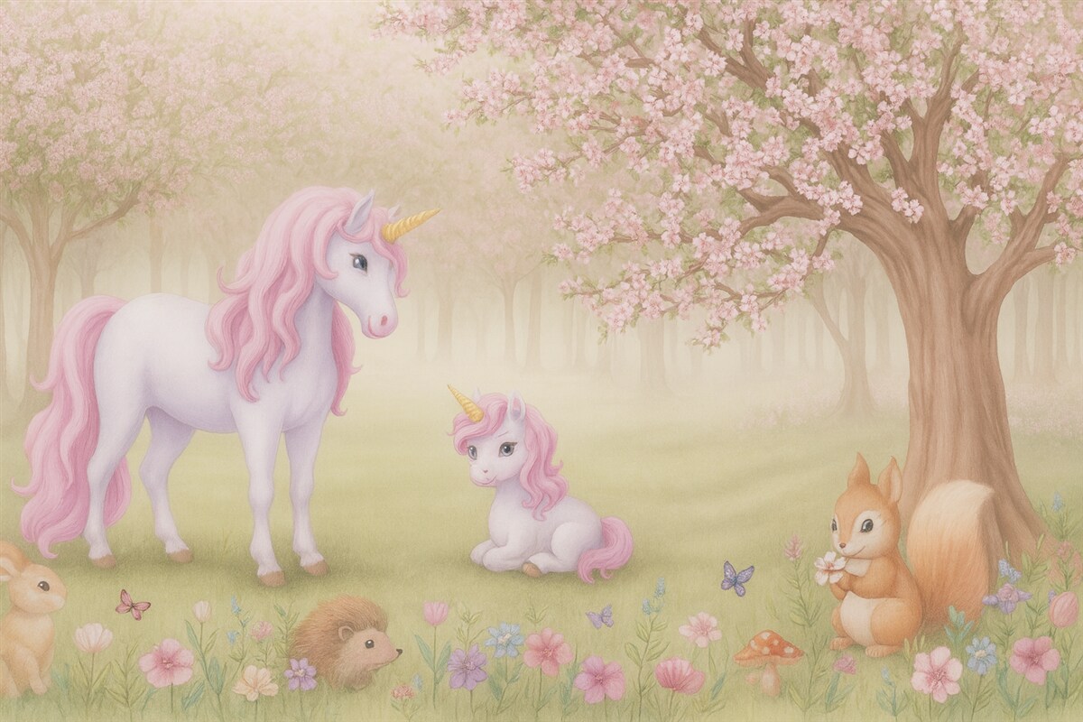 Fototapeta Jednorożce w czarodziejskim lesie z istotami.