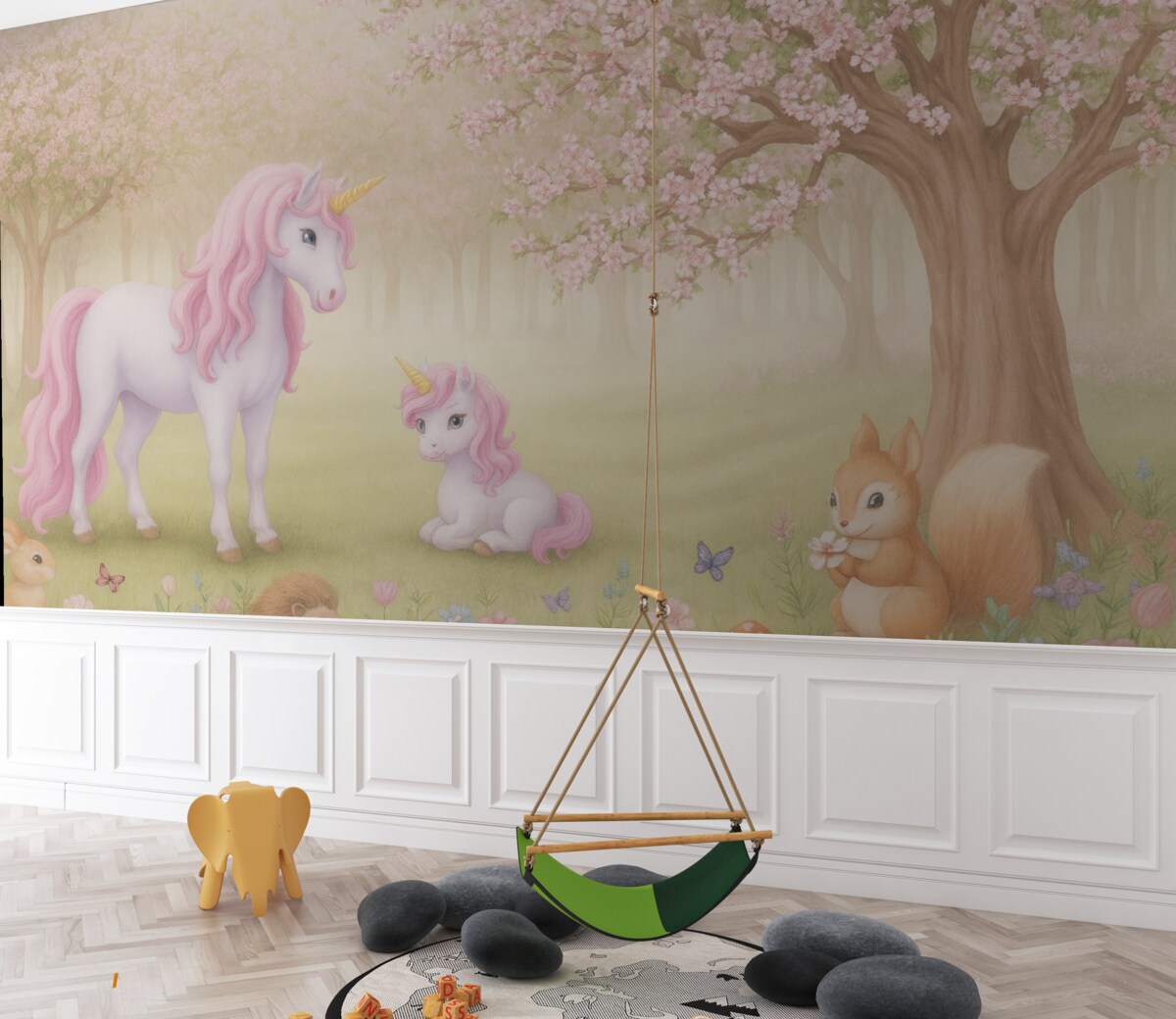 Fototapeta Jednorożce w czarodziejskim lesie z istotami.