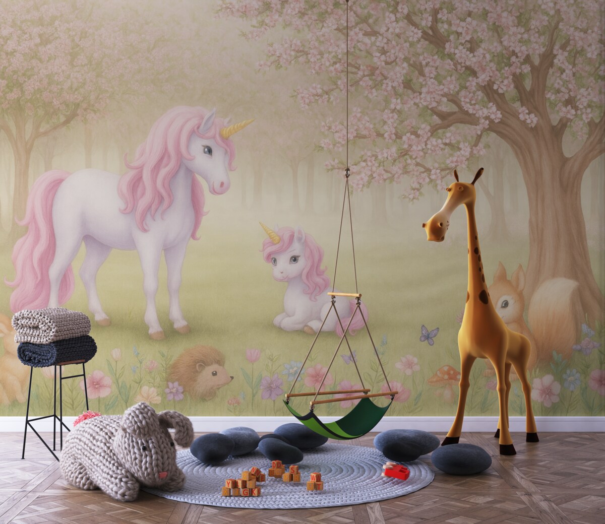 Fototapeta Jednorożce w czarodziejskim lesie z istotami.