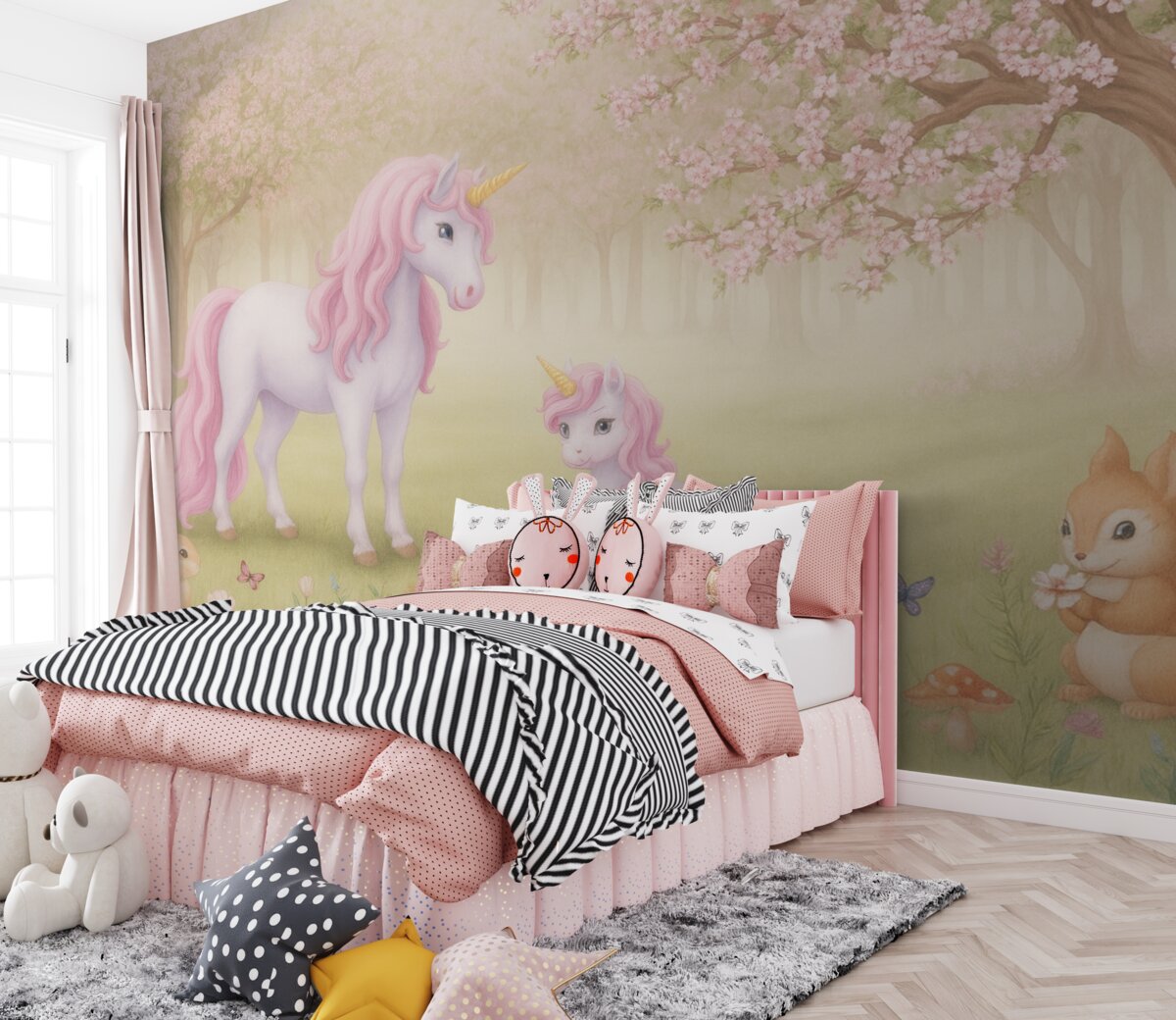 Fototapeta Jednorożce w czarodziejskim lesie z istotami.