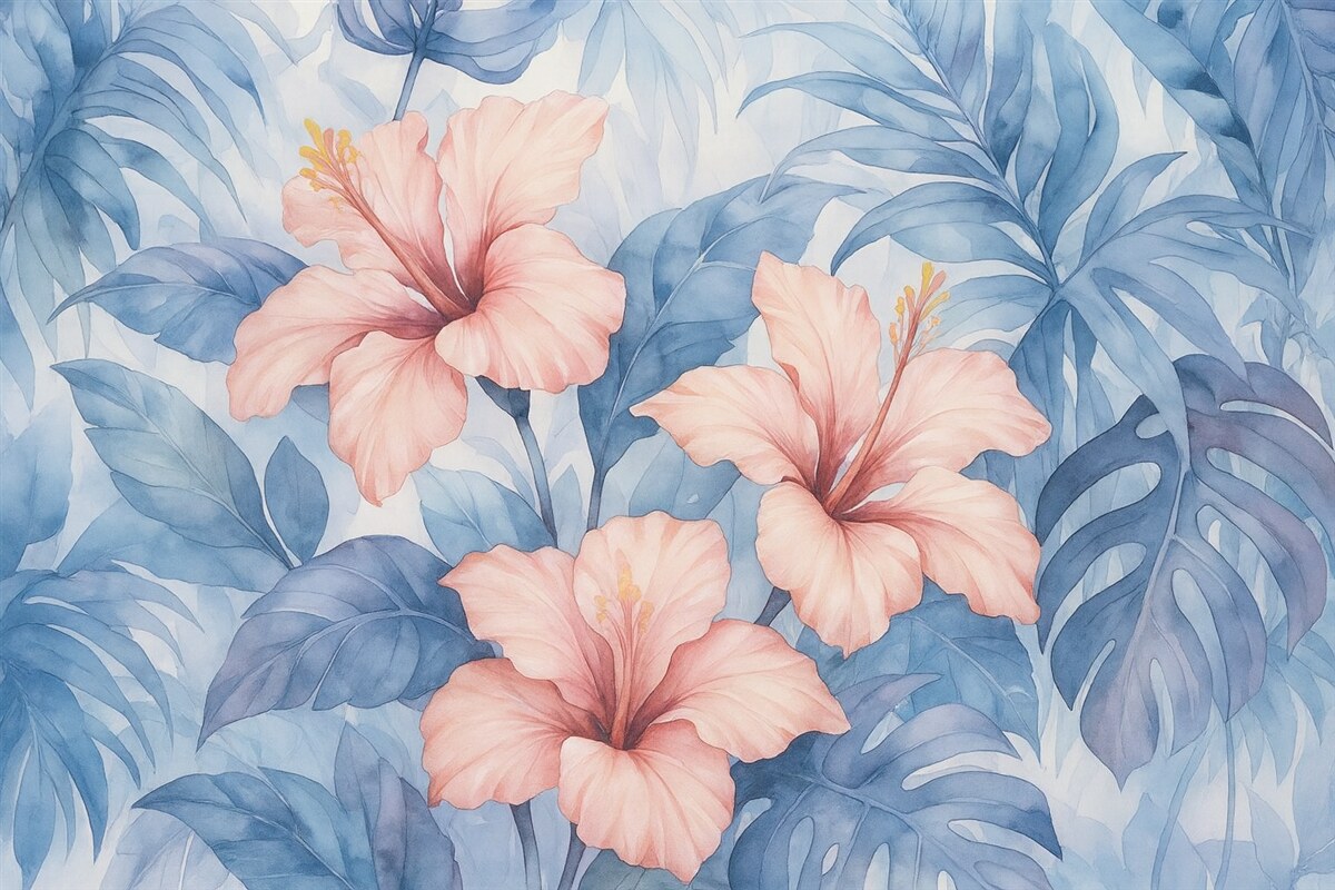 Fototapeta Liście tropikalne w stylu akwareli o rozmytych kształtach.