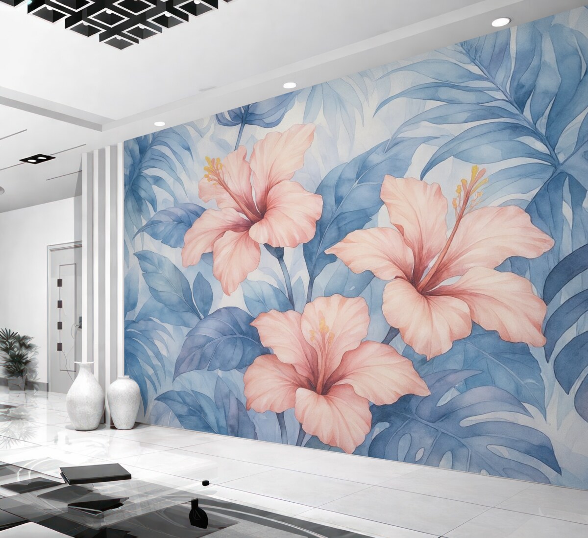 Fototapeta Liście tropikalne w stylu akwareli o rozmytych kształtach.