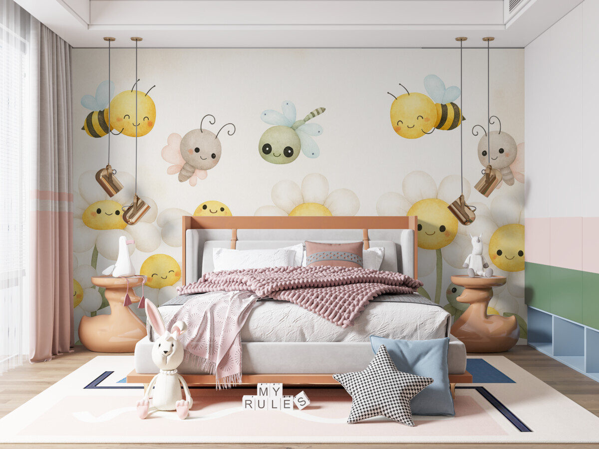 Fototapeta Wielkie stokrotki oraz owady.