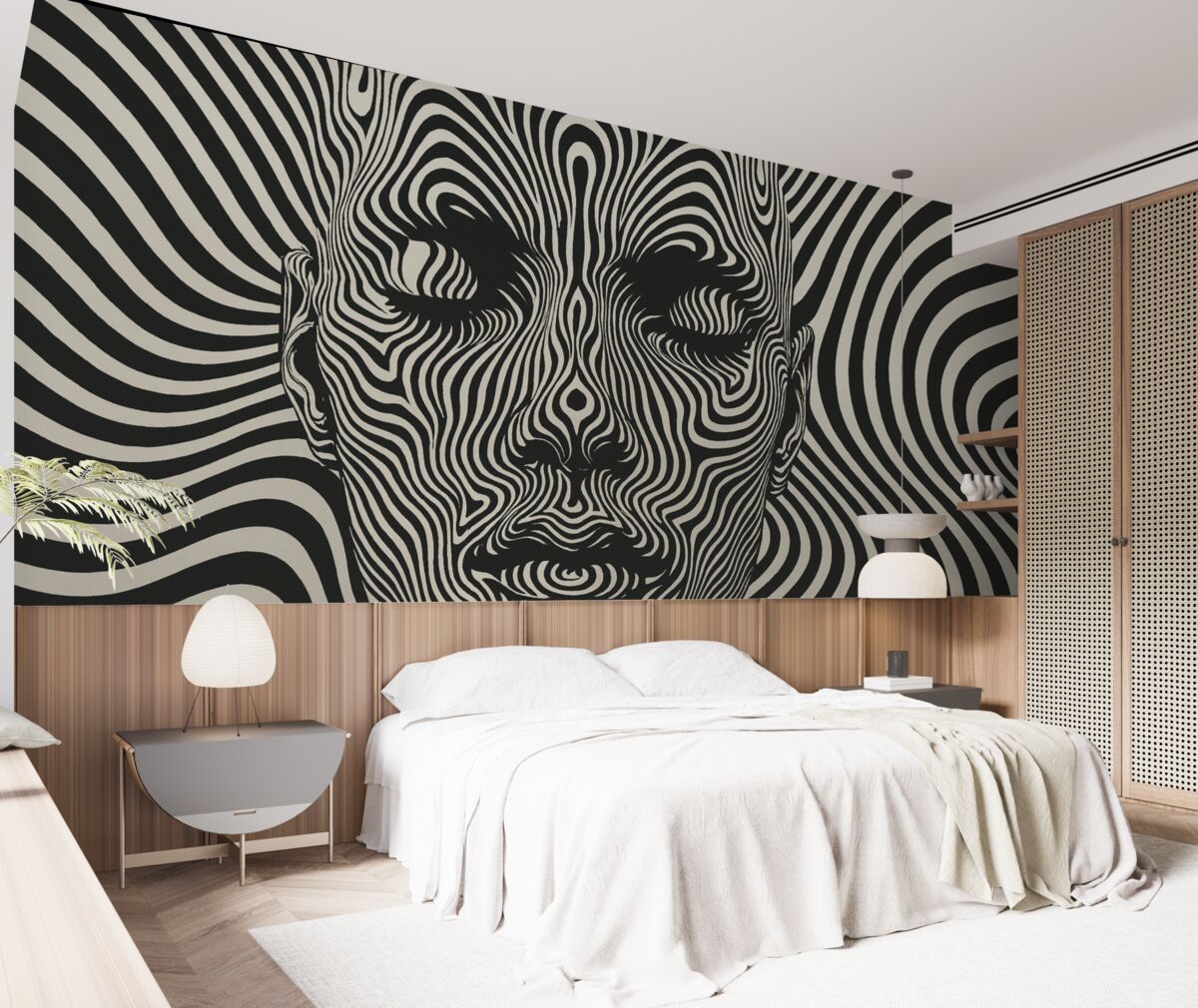 Fototapeta Krata w stylu op art z abstrahującą twarzą, falujące linie na jasnym tle.