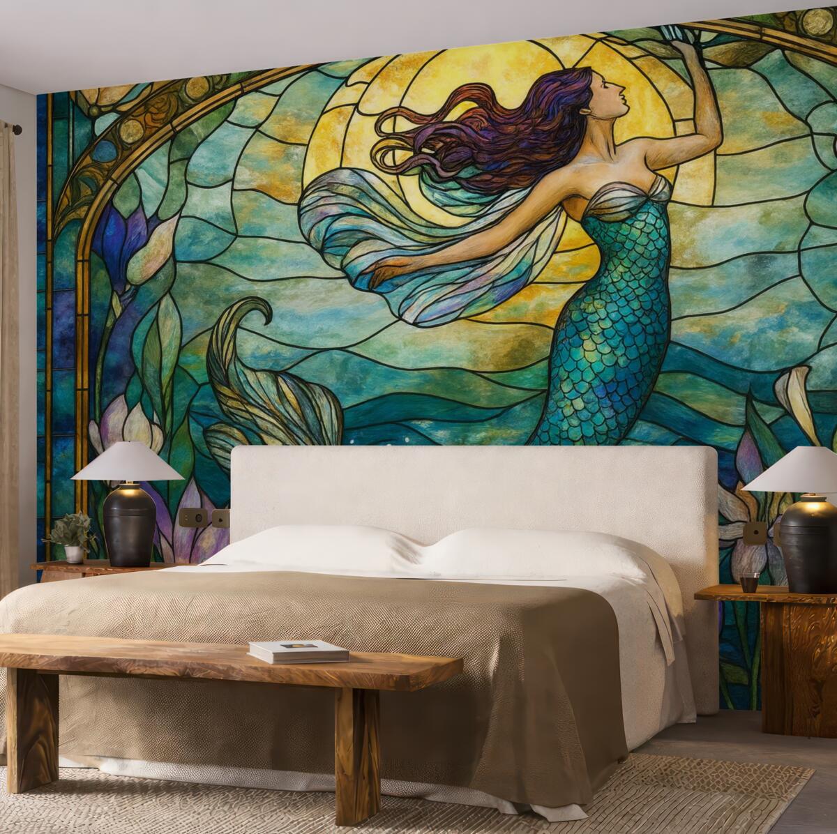 Fototapeta Tapeta w stylu witraża z obrazem czarującej syreny.