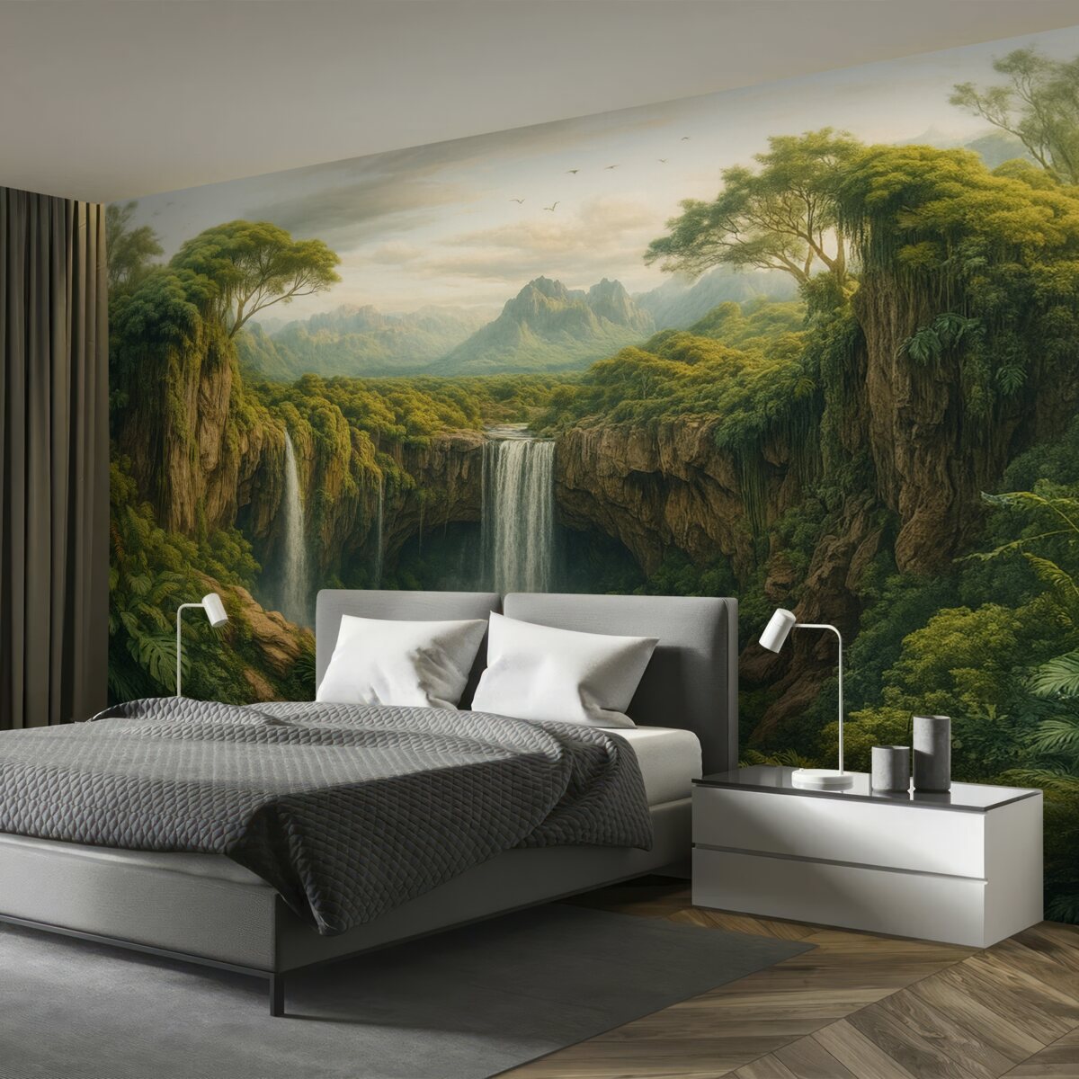 Fototapeta szeroka panorama wąwozu z drzewami oraz wodospadem