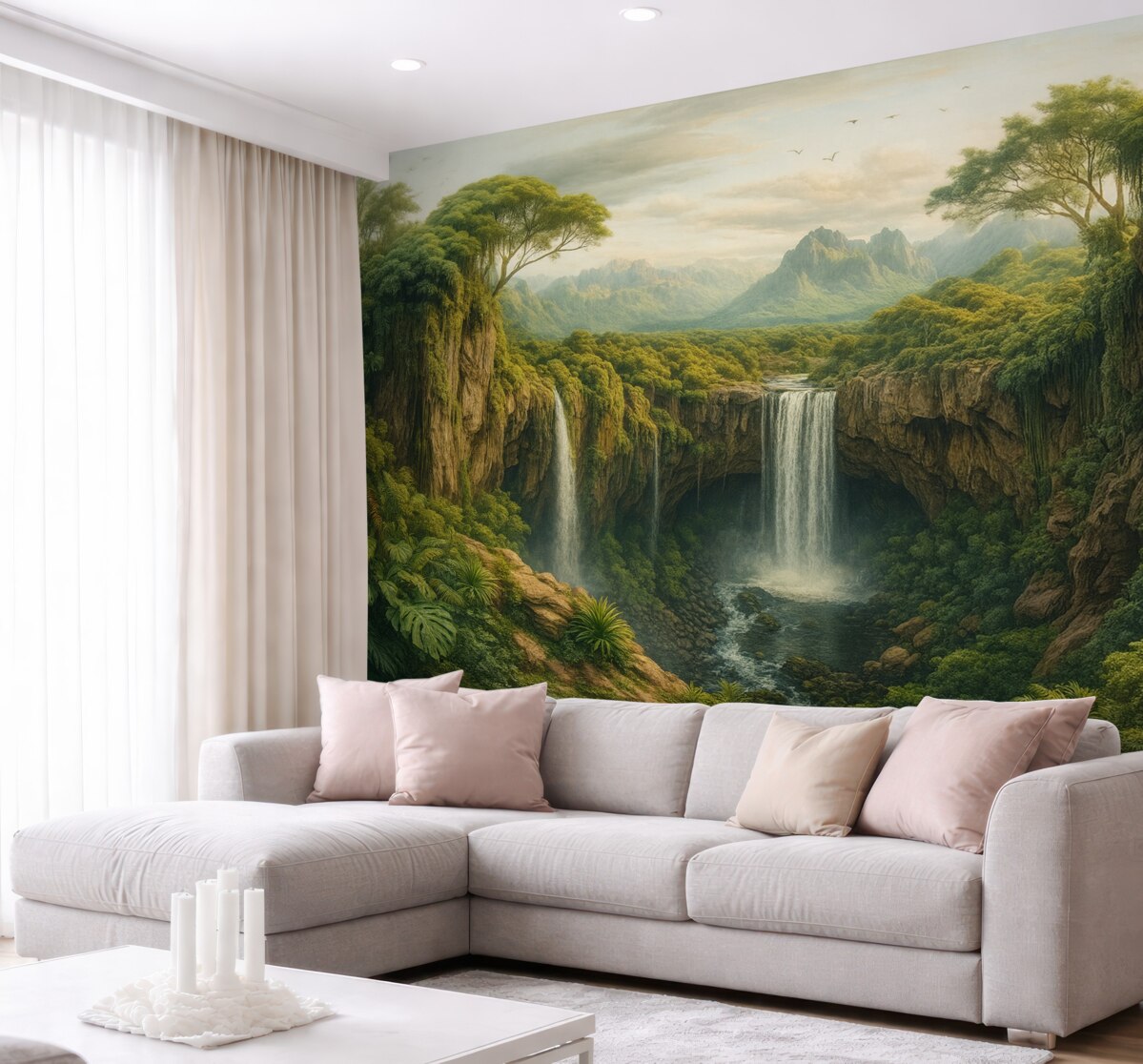 Fototapeta szeroka panorama wąwozu z drzewami oraz wodospadem