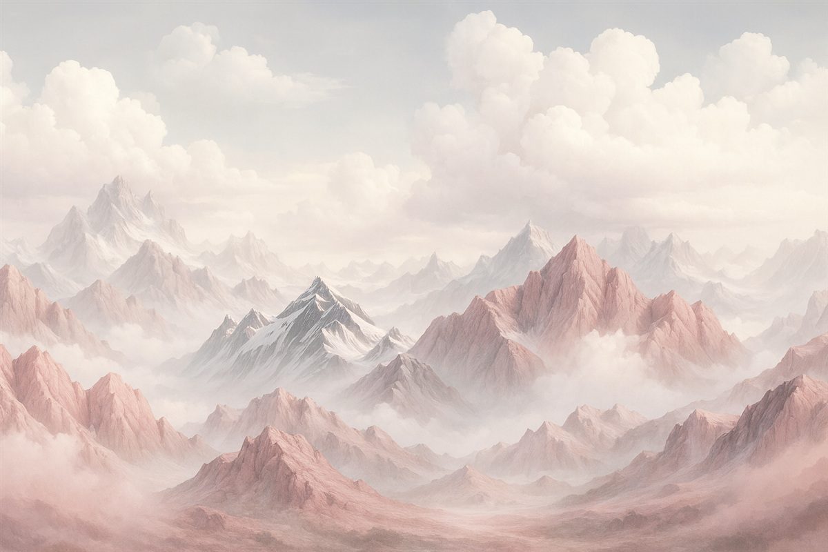 Fototapeta Różowe szczyty w mgle i wirujących chmurach.