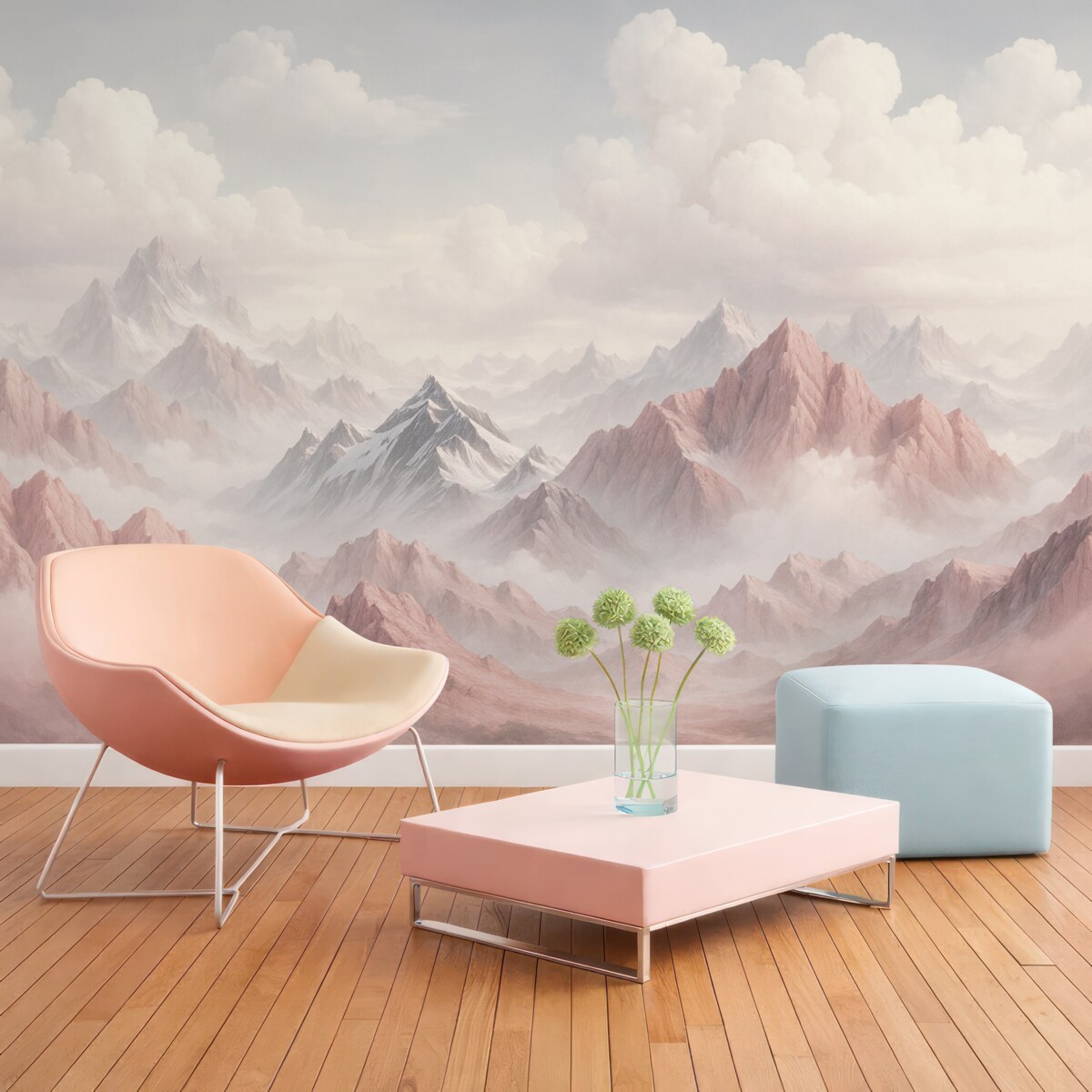 Fototapeta Różowe szczyty w mgle i wirujących chmurach.