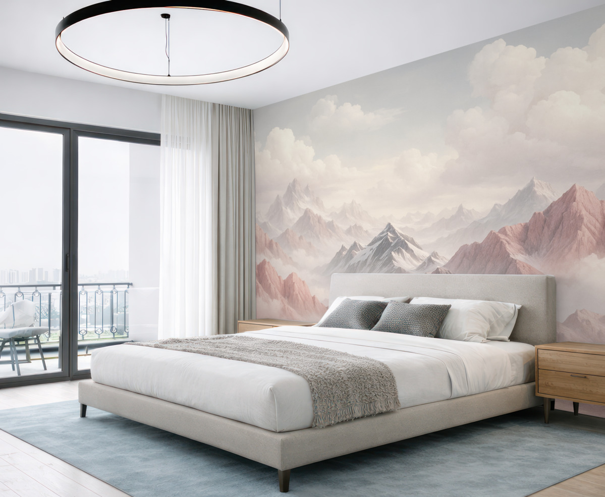 Fototapeta Różowe szczyty w mgle i wirujących chmurach.