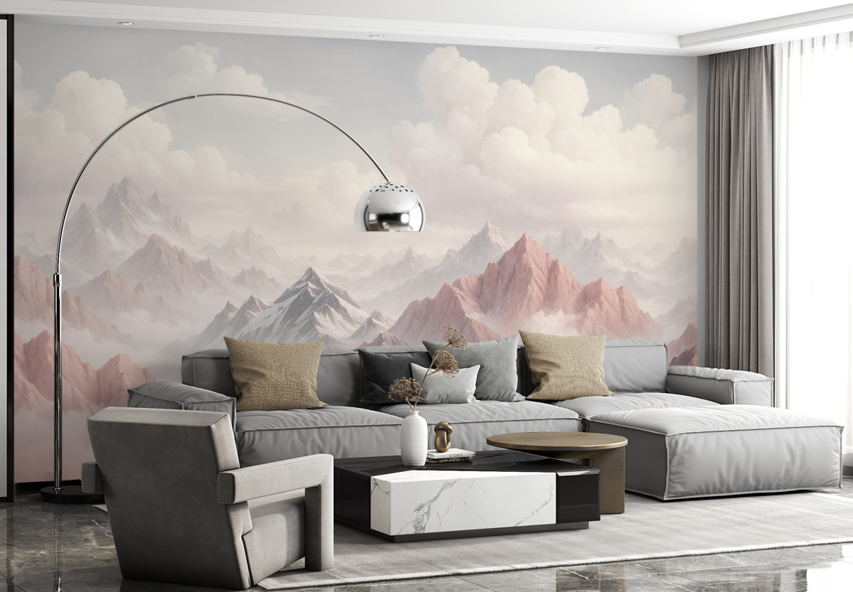 Fototapeta Różowe szczyty w mgle i wirujących chmurach.