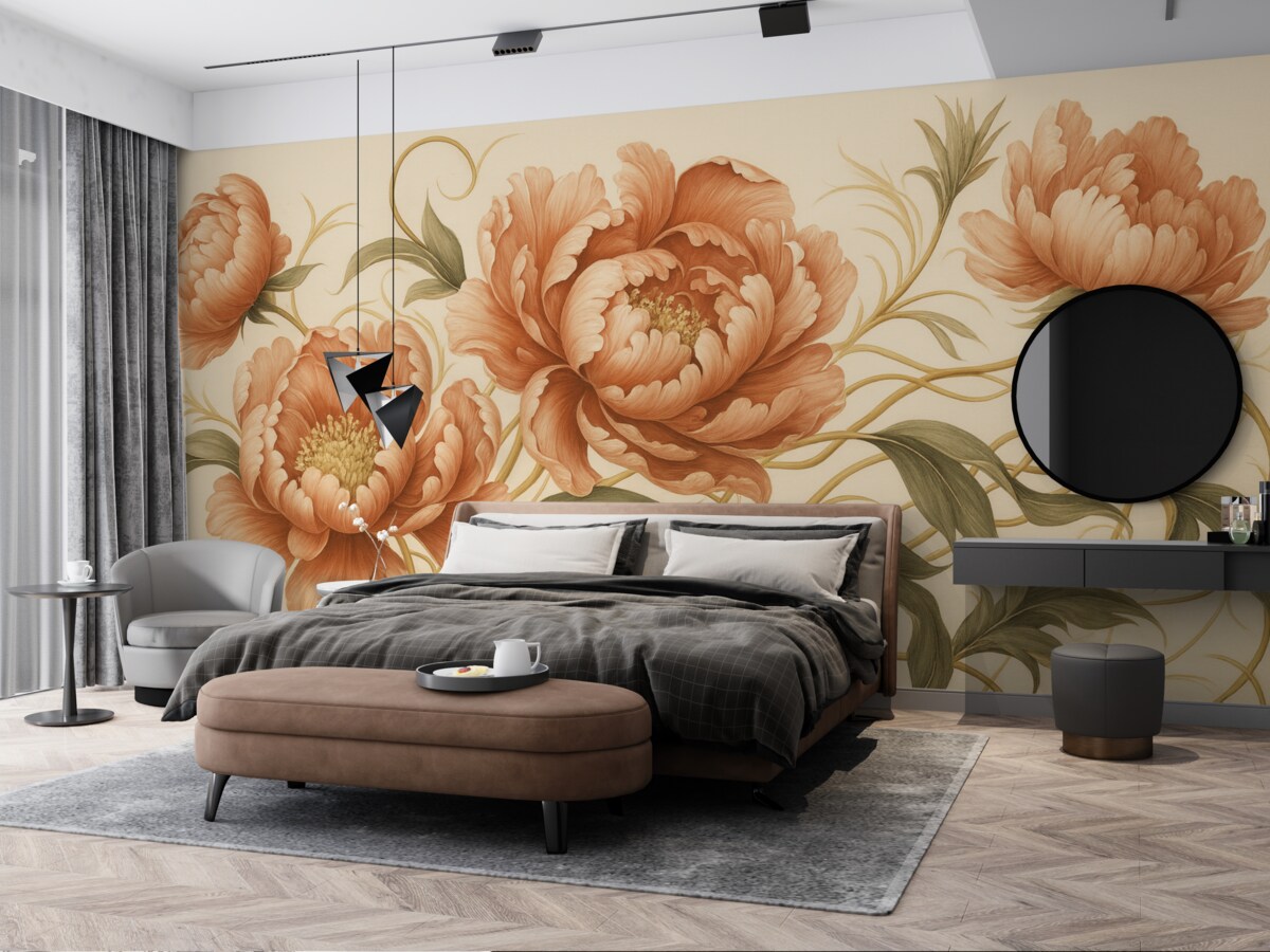 Fototapeta Stylowe piwonie z podkręconymi liśćmi.