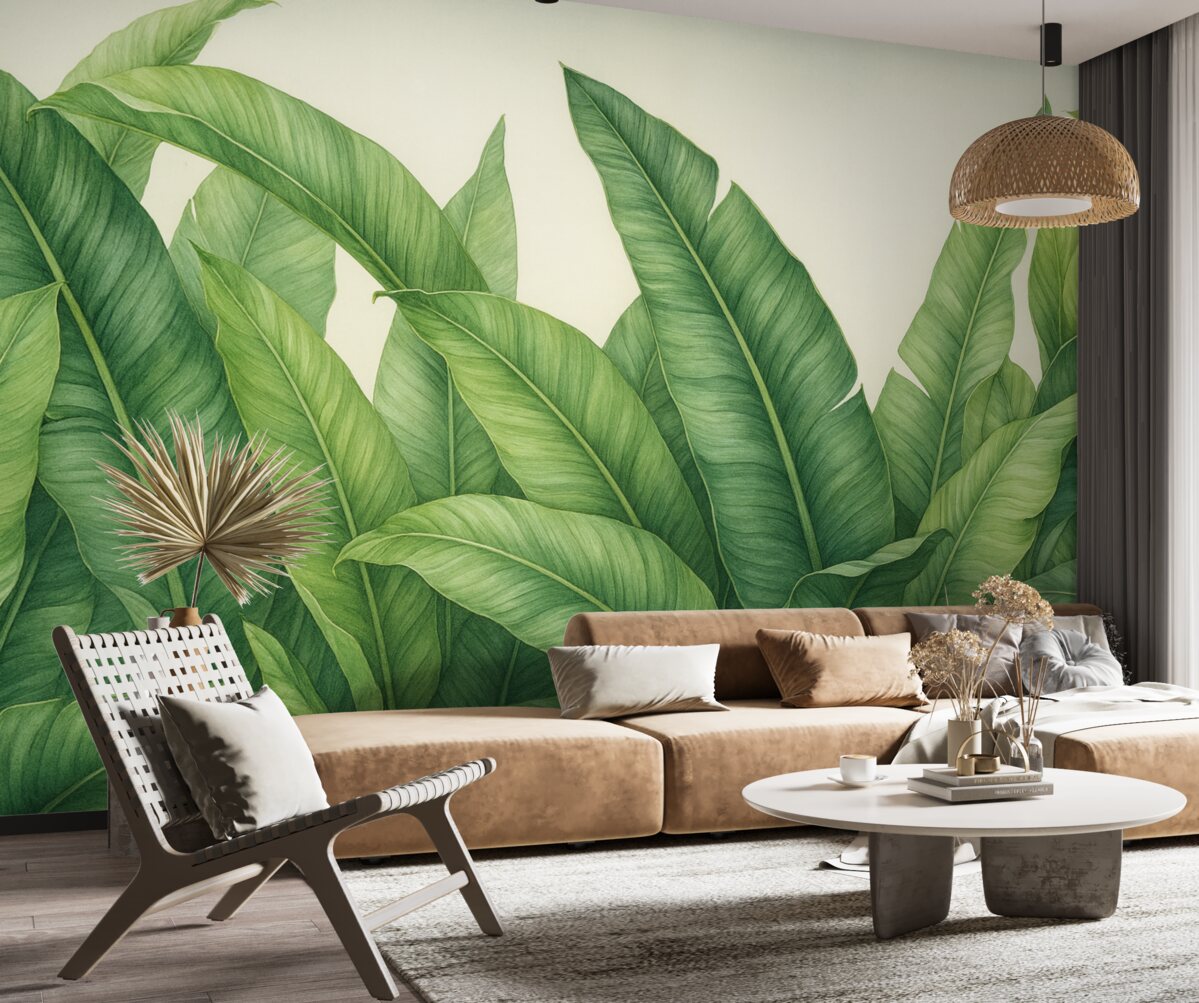 Fototapeta Grube liście banana na jasnym tle.