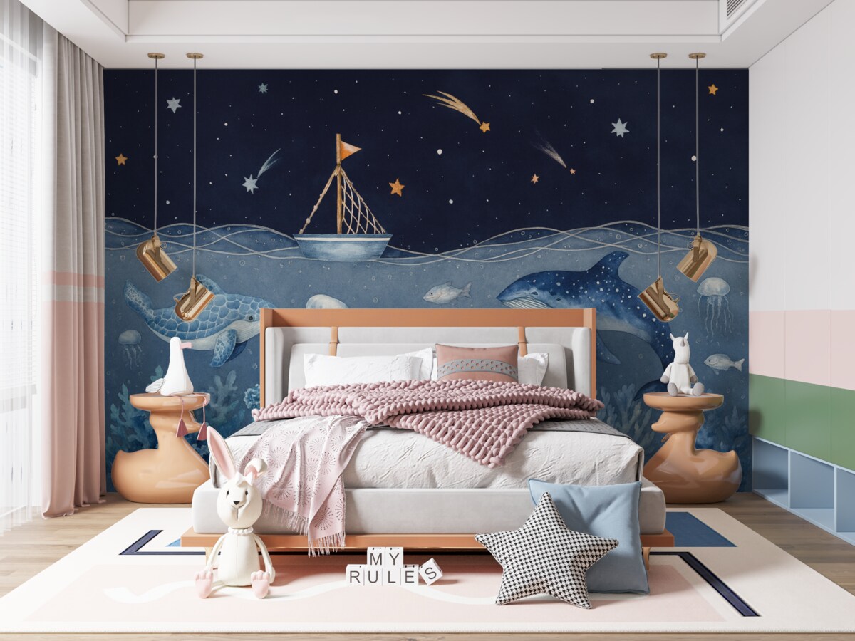 Fototapeta Organizmy morskie, technika akwareli, rafy koralowe, jednostka pływająca, delfin, meduza, nocne niebo usiane gwiazdami, odcienie niebieskiego.