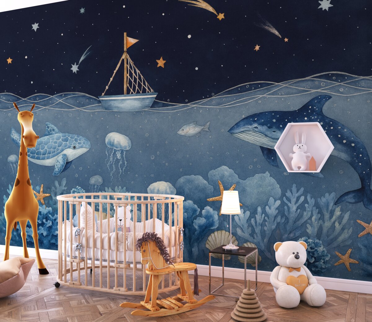 Fototapeta Organizmy morskie, technika akwareli, rafy koralowe, jednostka pływająca, delfin, meduza, nocne niebo usiane gwiazdami, odcienie niebieskiego.