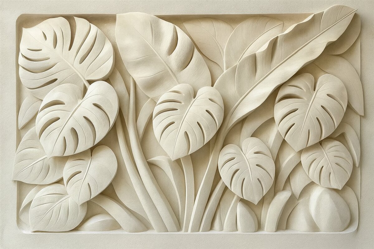 Fototapeta Płaskorzeźba dużych liści monstera.