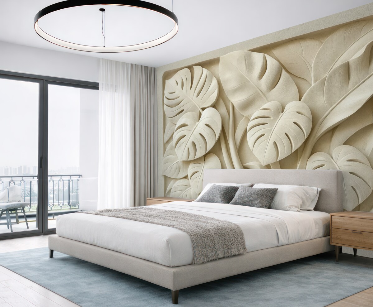 Fototapeta Płaskorzeźba dużych liści monstera.