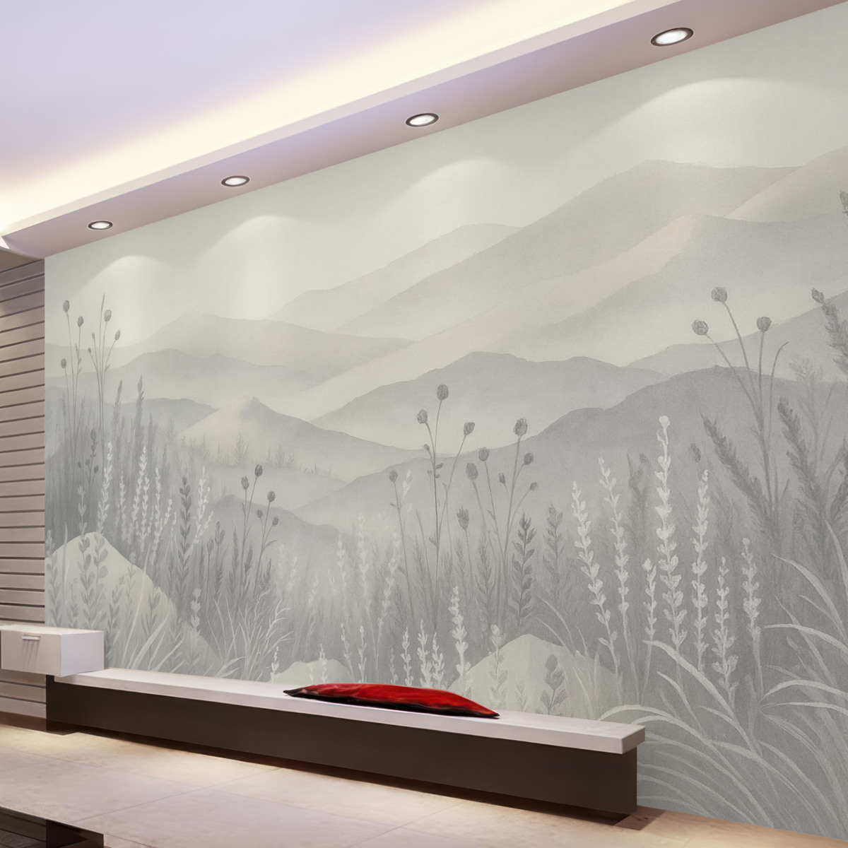 Fototapeta mglisto-otoczone góry, dzikie rośliny i kwiaty