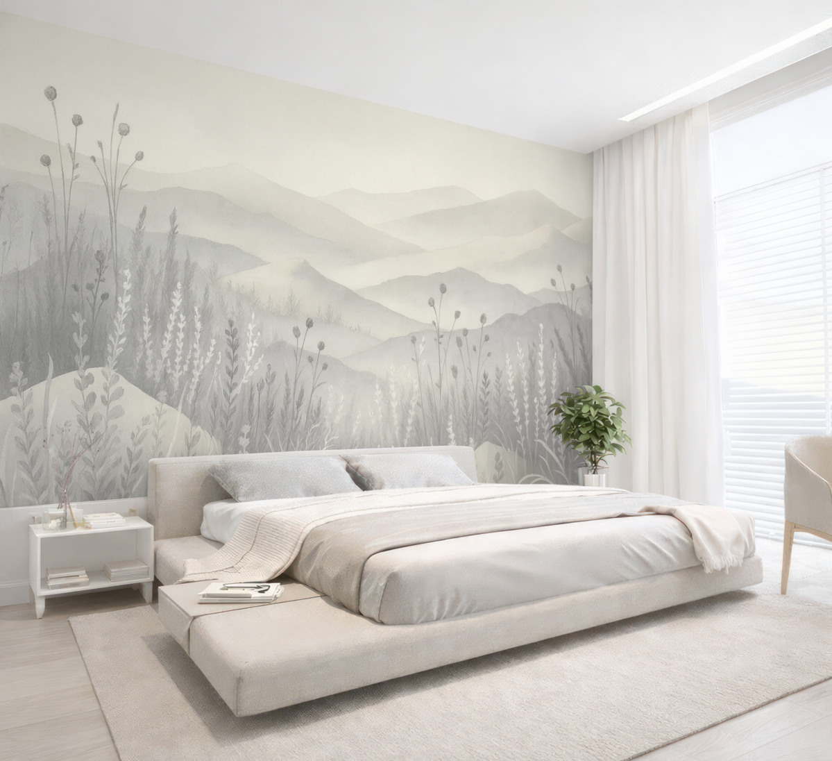 Fototapeta mglisto-otoczone góry, dzikie rośliny i kwiaty