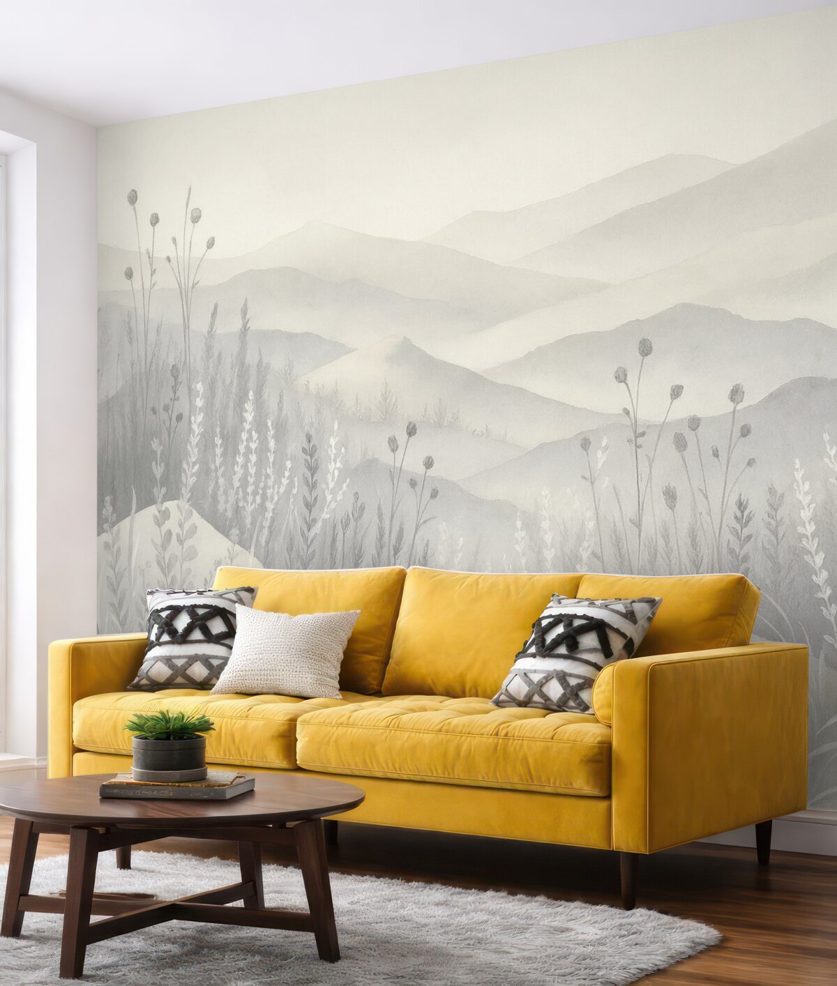 Fototapeta mglisto-otoczone góry, dzikie rośliny i kwiaty