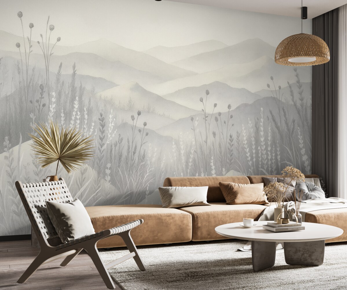 Fototapeta mglisto-otoczone góry, dzikie rośliny i kwiaty