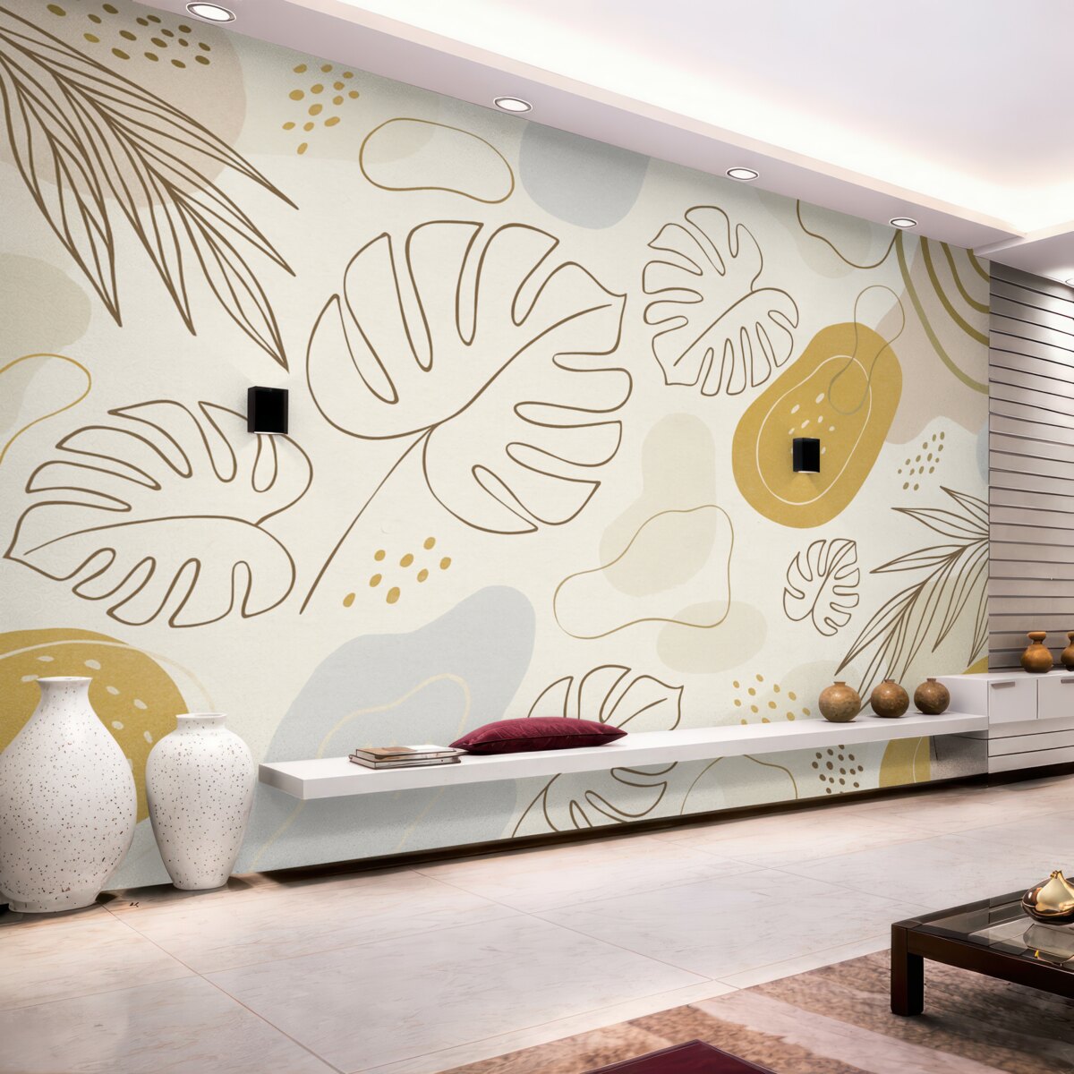 Fototapeta Wzór boho z roślinnymi motywami i figurami w delikatnych odcieniach.