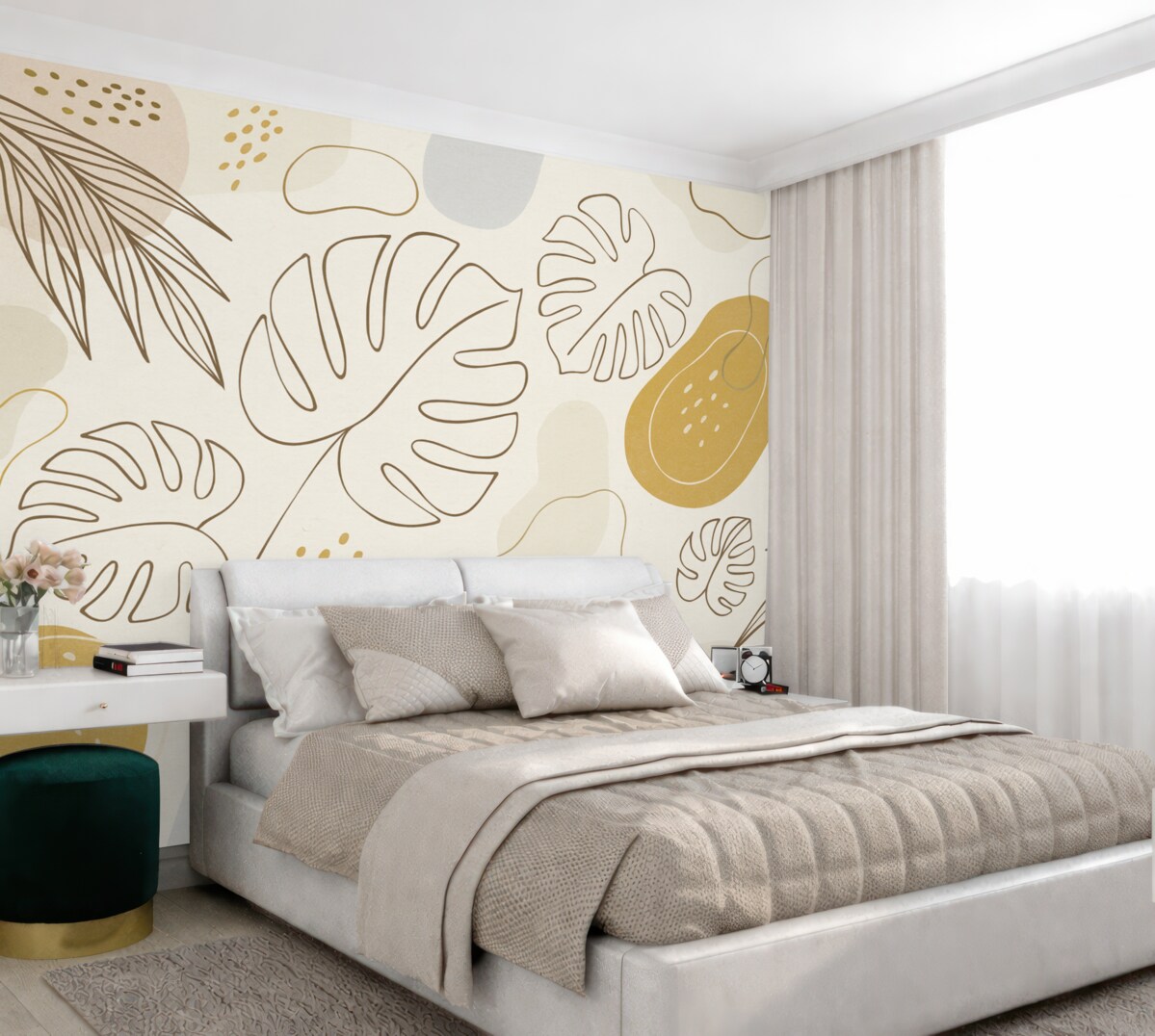 Fototapeta Wzór boho z roślinnymi motywami i figurami w delikatnych odcieniach.