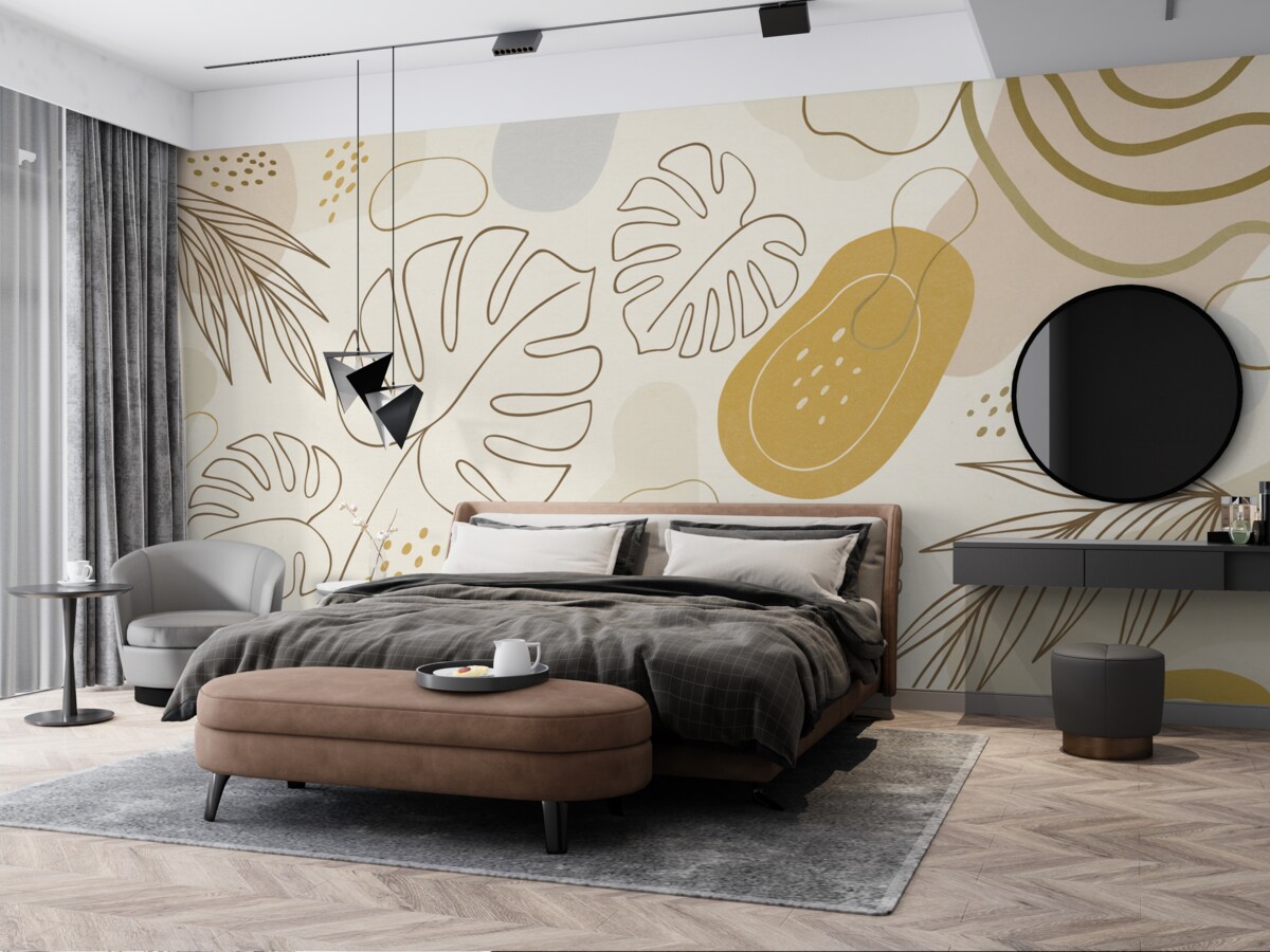 Fototapeta Wzór boho z roślinnymi motywami i figurami w delikatnych odcieniach.