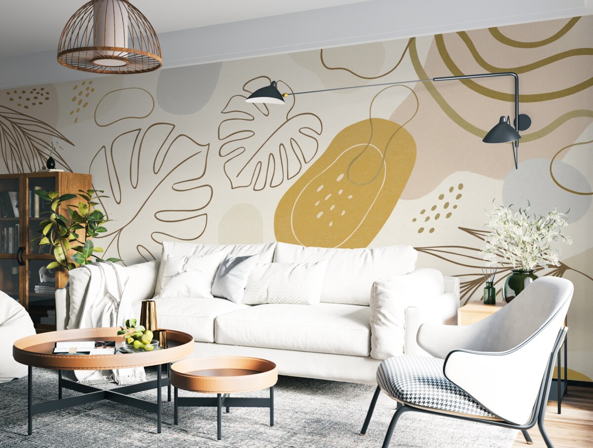 Fototapeta Wzór boho z roślinnymi motywami i figurami w delikatnych odcieniach.