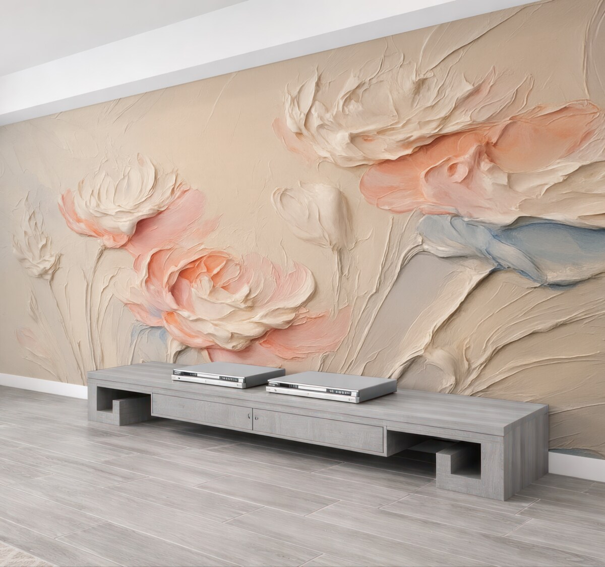 Fototapeta Na ścianie znajduje się naśladowanie pociągnięć pędzla w formie roślinności.