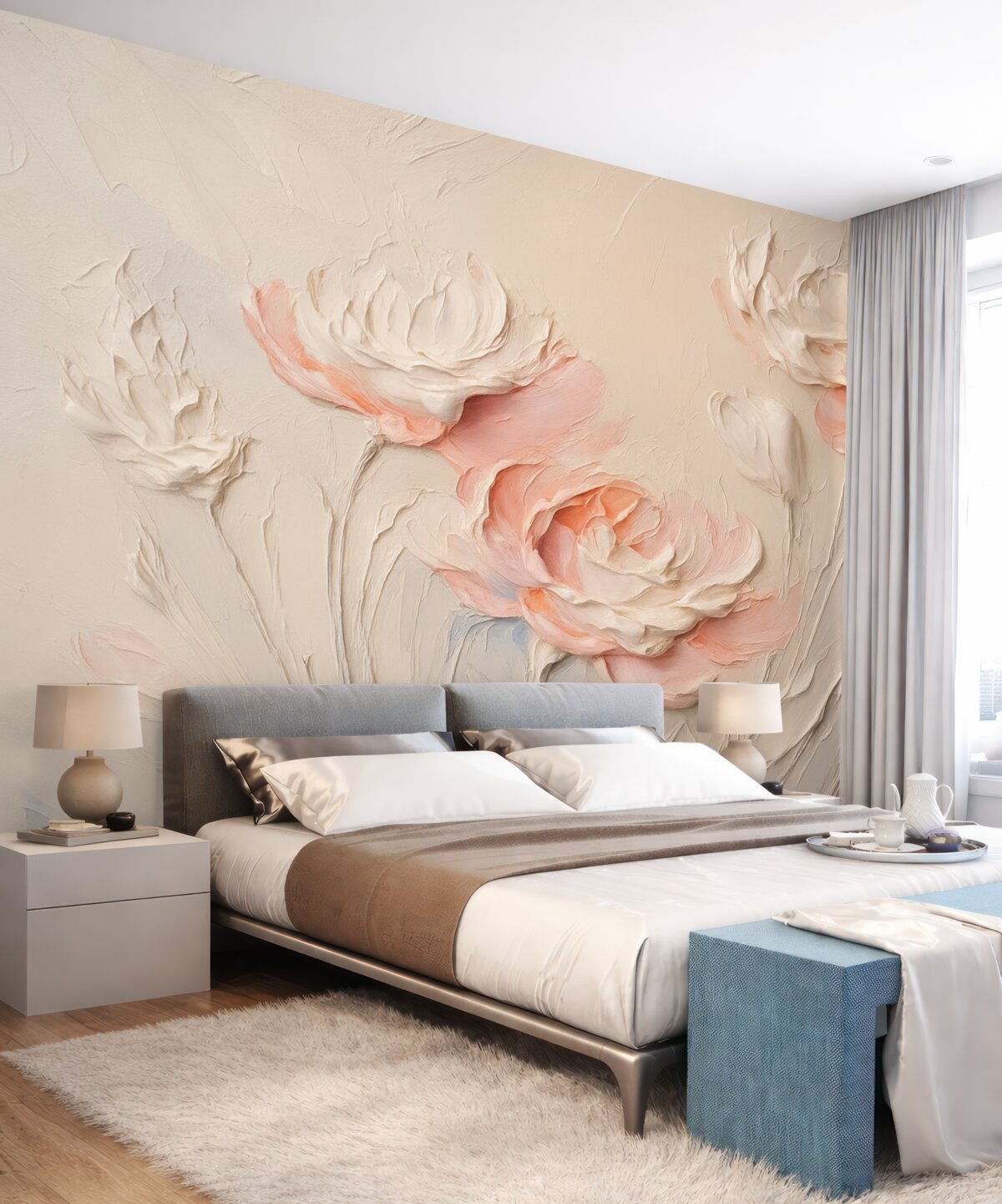 Fototapeta Na ścianie znajduje się naśladowanie pociągnięć pędzla w formie roślinności.