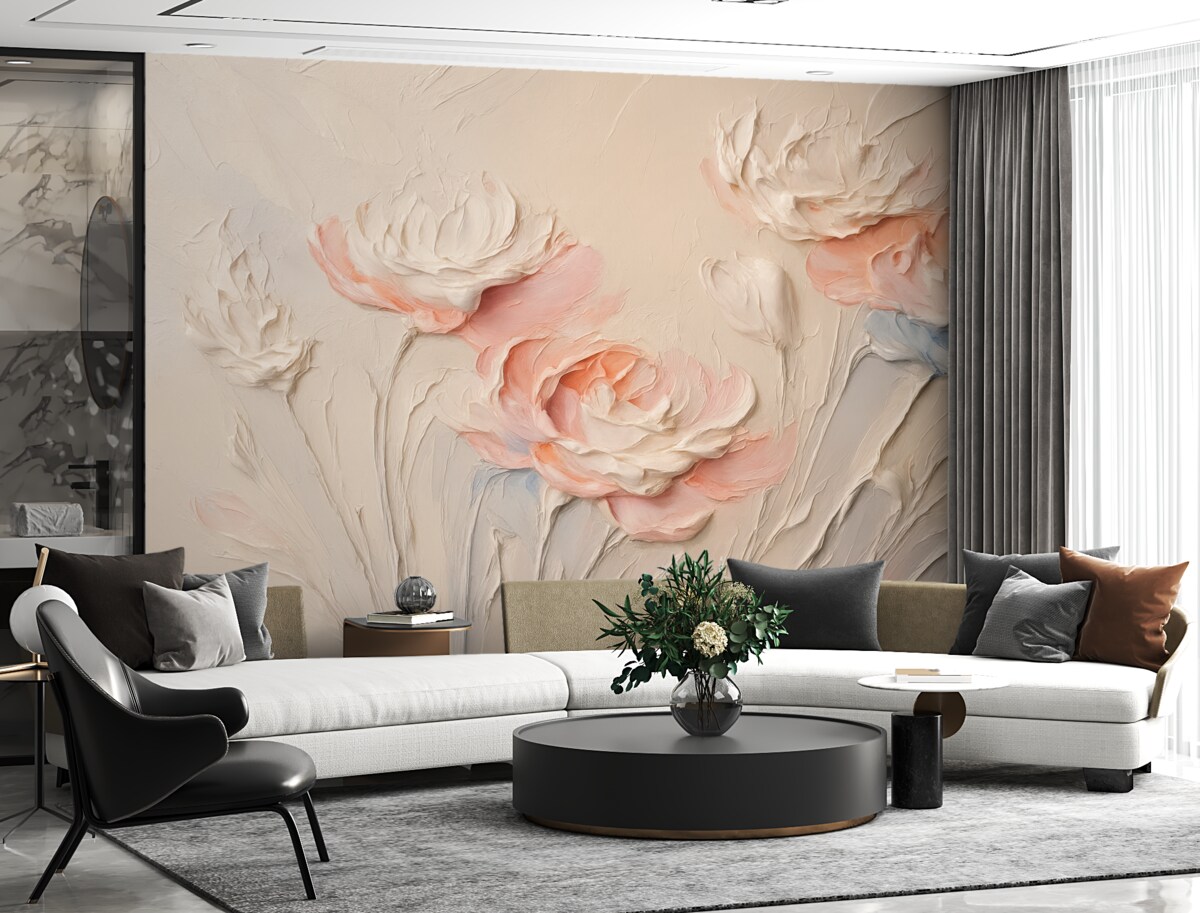 Fototapeta Na ścianie znajduje się naśladowanie pociągnięć pędzla w formie roślinności.